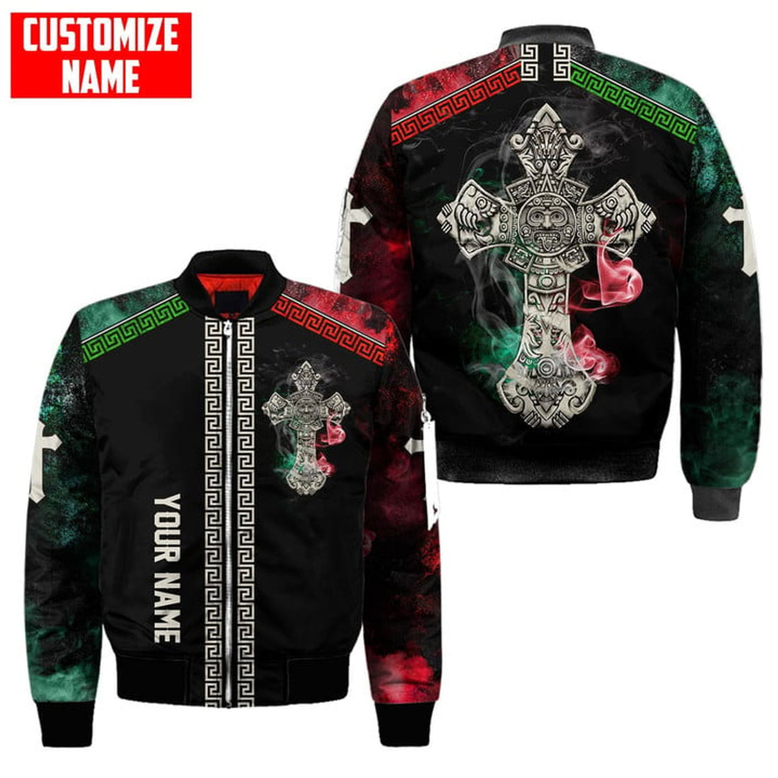 FUNSTUFFPRINT Customized Name Aztec Cross Smoke 3D Bomber Jacket