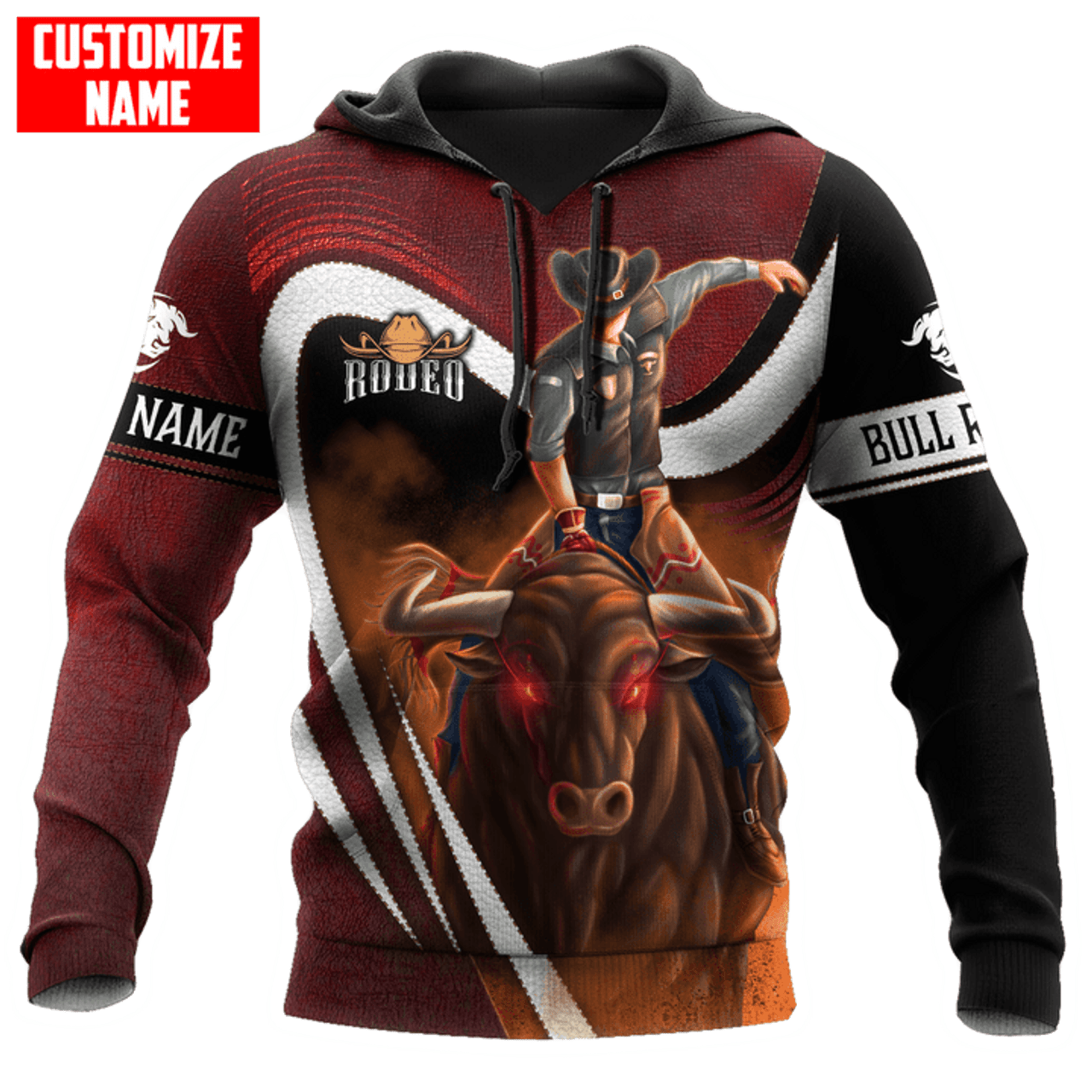 FUNSTUFFPRINT Personalized Bull Riding Red Black 3D Hoodie and Zip Hoodie