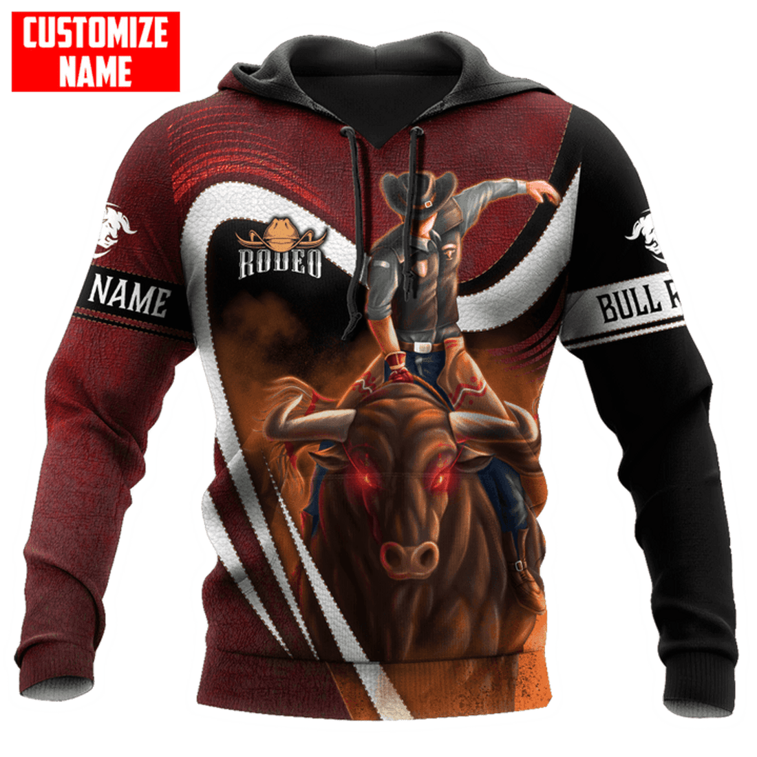 FUNSTUFFPRINT Personalized Bull Riding Red Black 3D Hoodie and Zip Hoodie