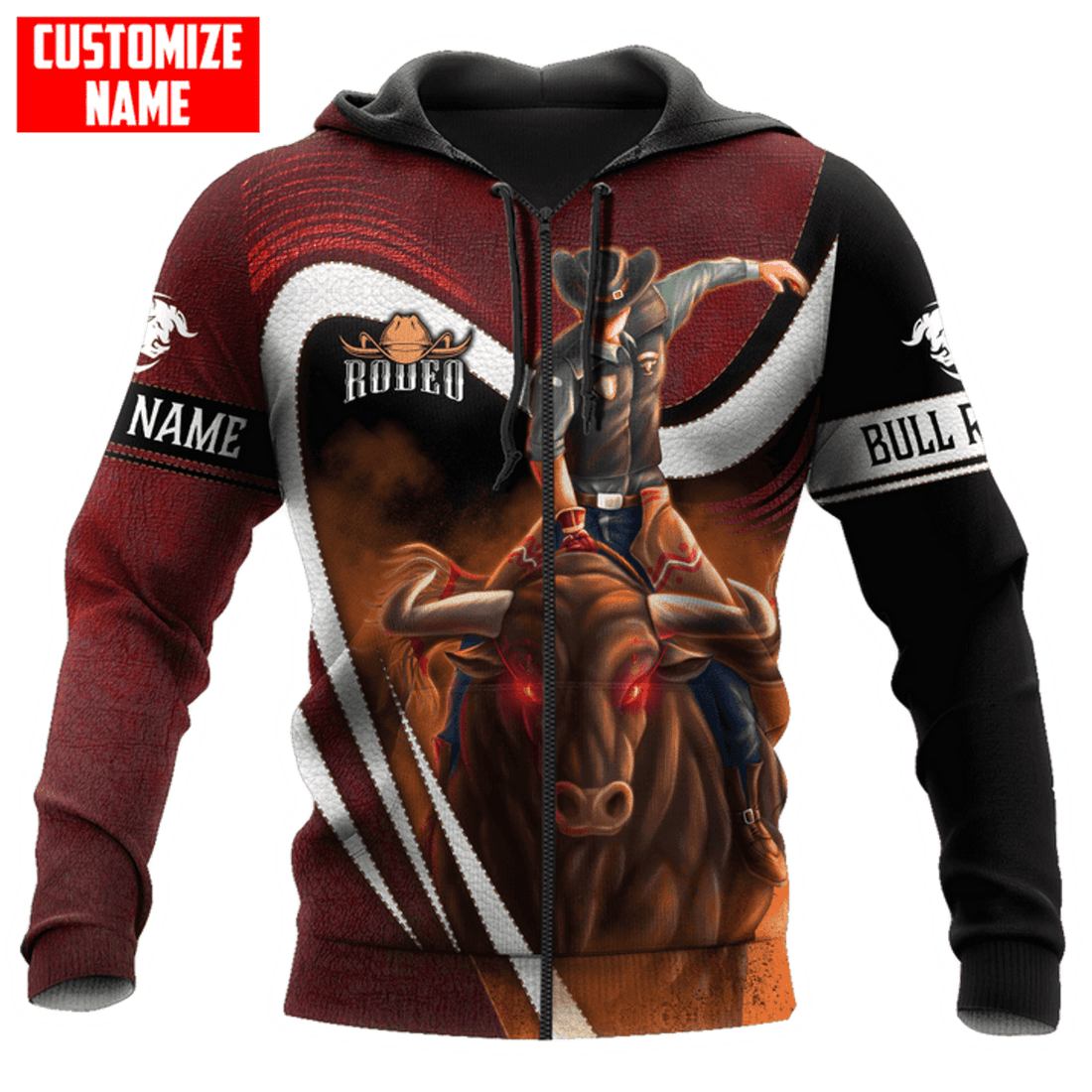 FUNSTUFFPRINT Personalized Bull Riding Red Black 3D Hoodie and Zip Hoodie