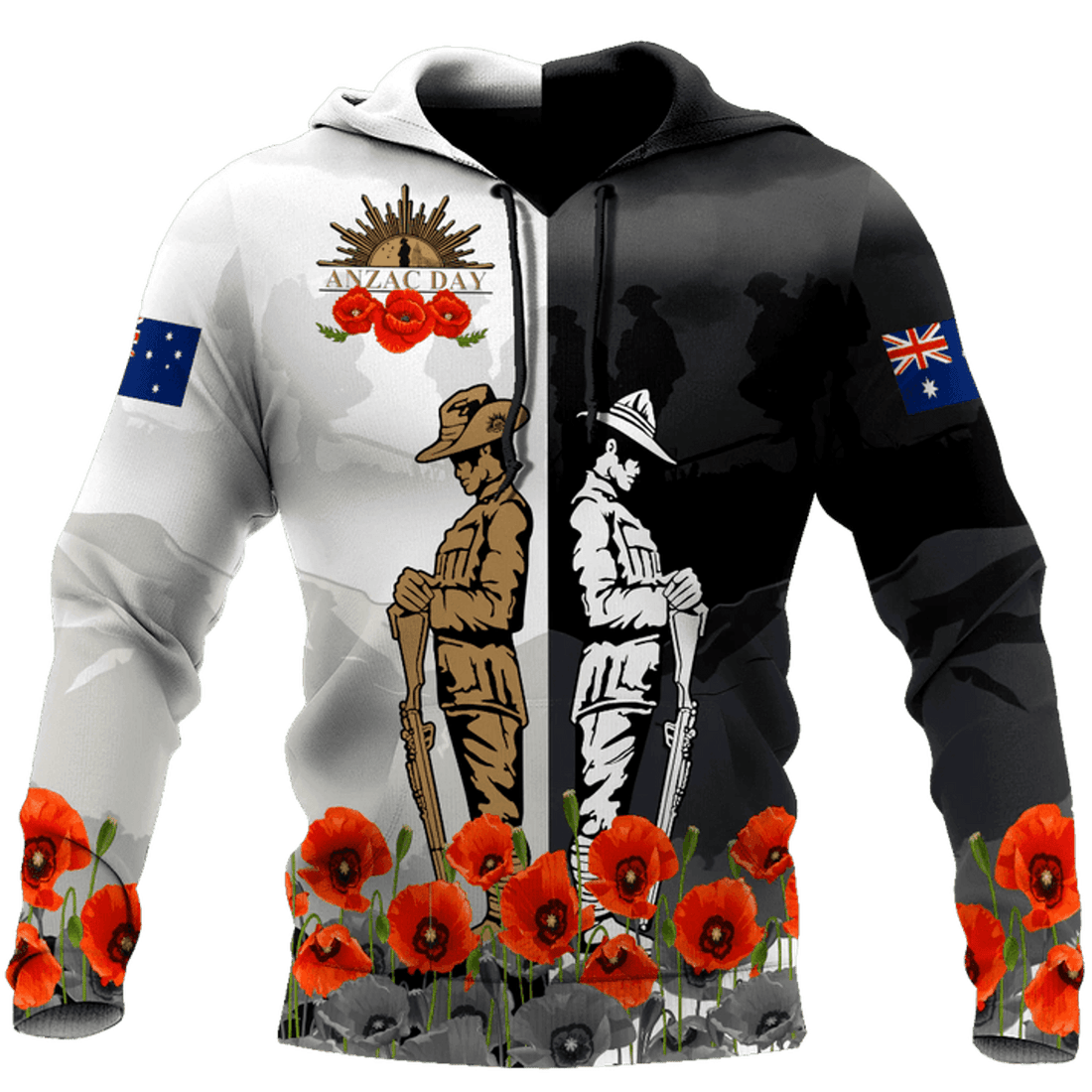 FUNSTUFFPRINT Rememberance Anzac Day Poppy Flower Black White Premium Unisex 3D Hoodie and Zip Hoodie