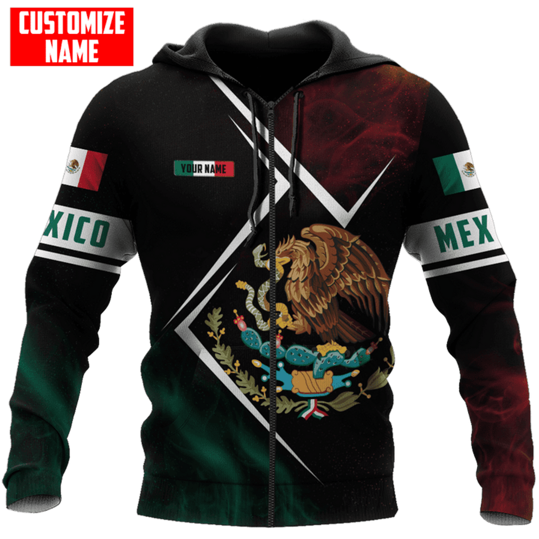 FUNSTUFFPRINT Personalized Mexico Flag Smoke 3D Hoodie and Zip Hoodie