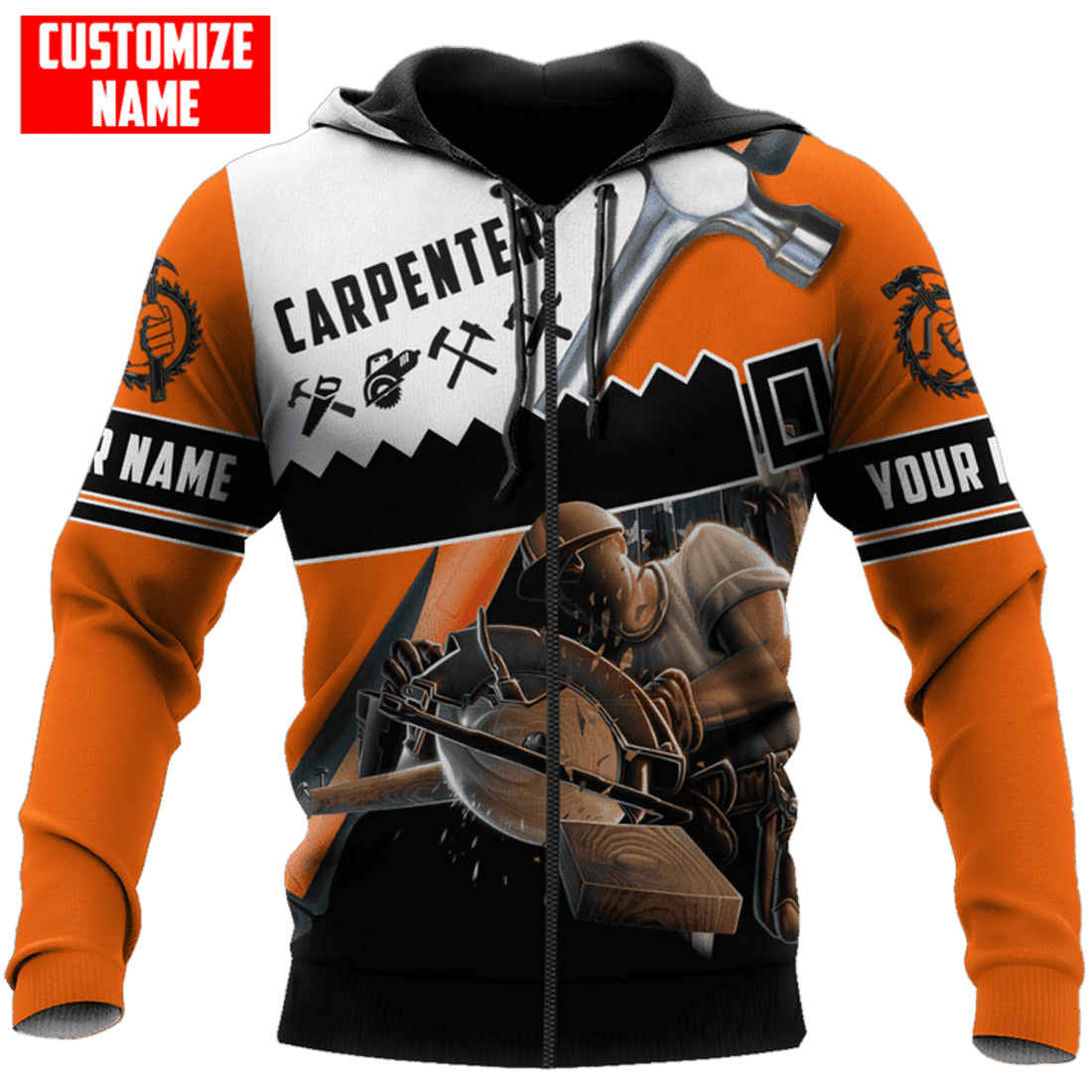 FUNSTUFFPRINT Personalized Carpenter Orange Tool 3D Hoodie and Zip Hoodie