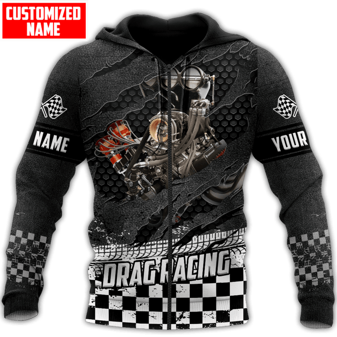 FUNSTUFFPRINT Personalized Racing Crack Drag Racing Engine 3D Hoodie and Zip Hoodie