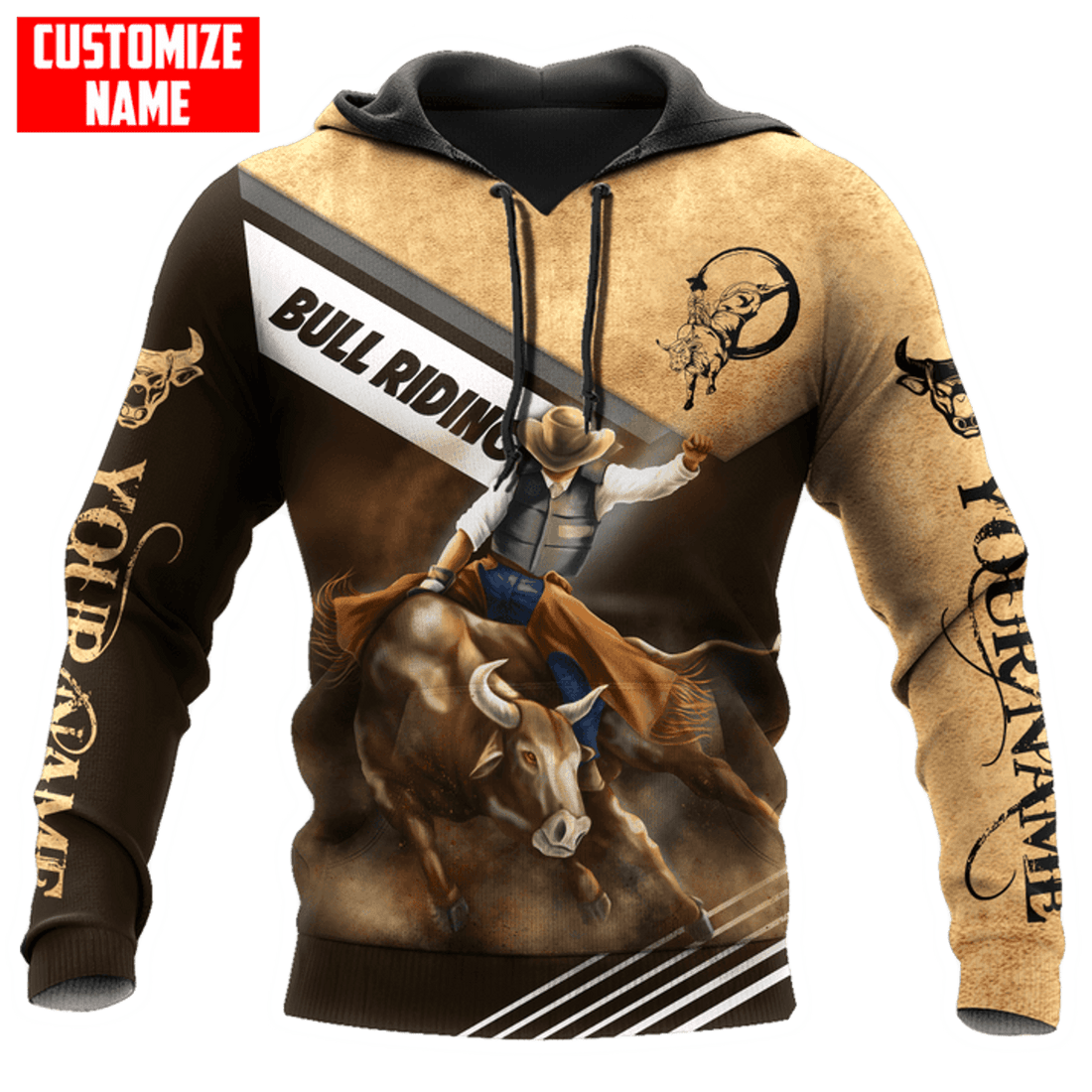 FUNSTUFFPRINT Personalized Bull Riding New Brown 3D Hoodie and Zip Hoodie