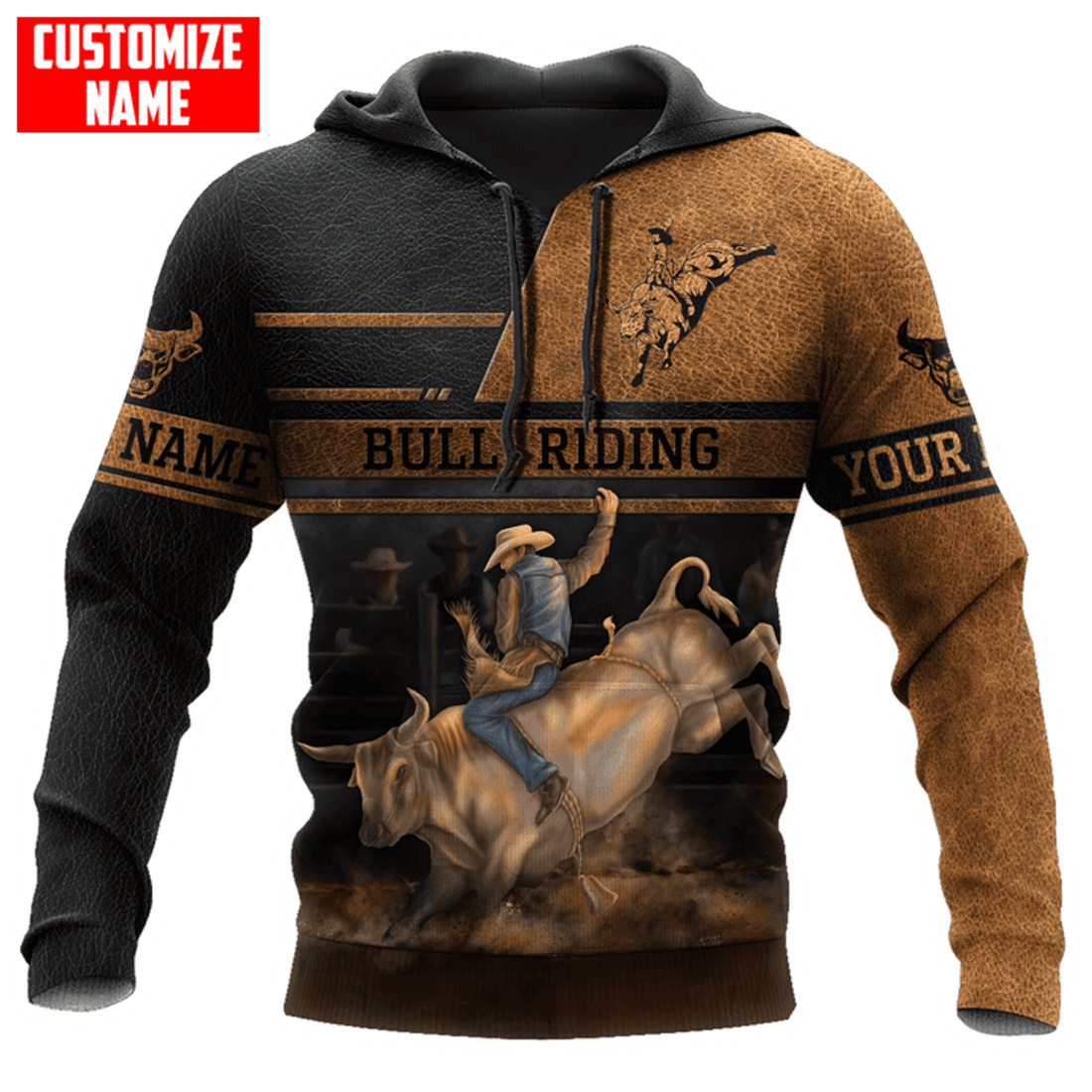 FUNSTUFFPRINT Personalized Bull Riding Brown Line 3D Hoodie and Zip Hoodie
