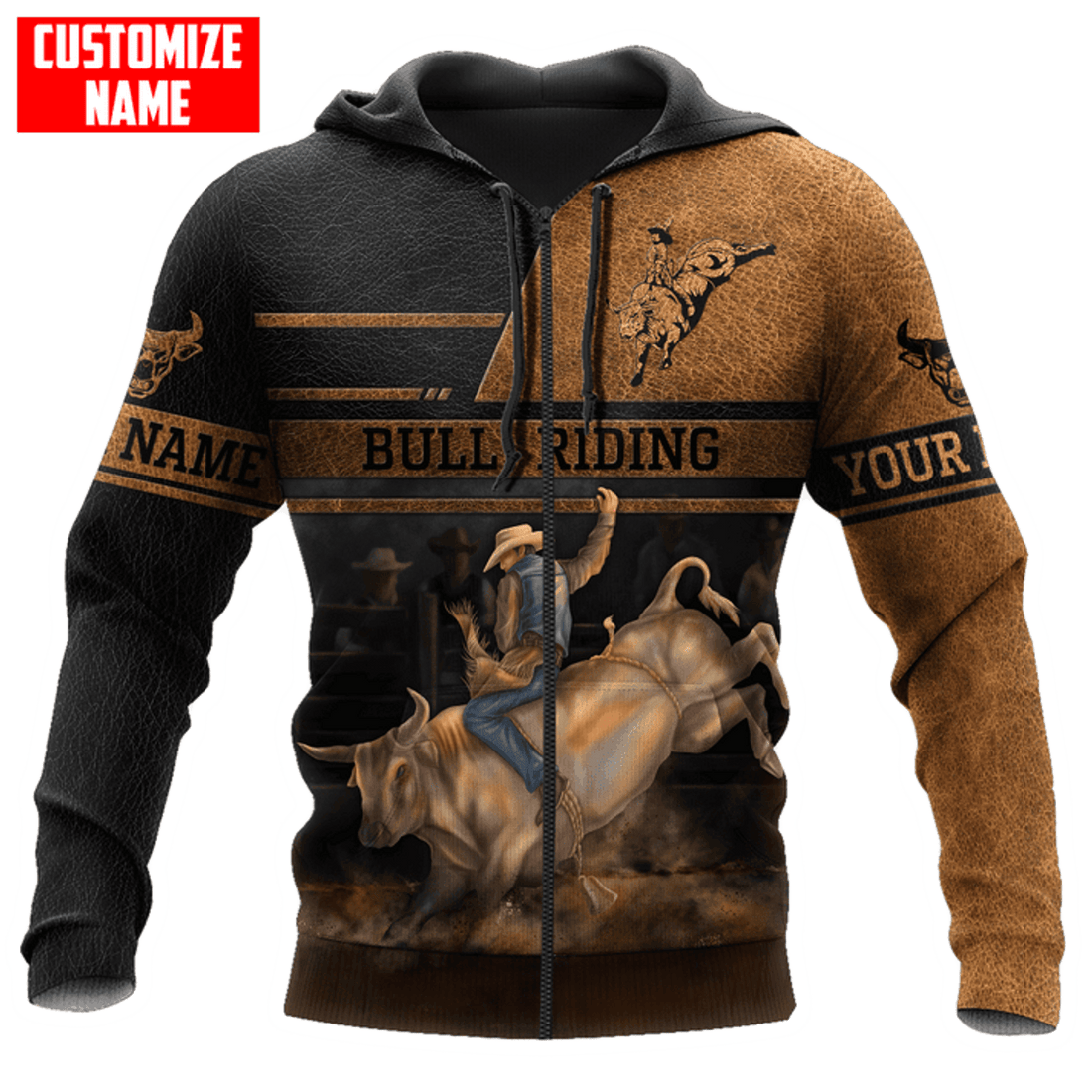 FUNSTUFFPRINT Personalized Bull Riding Brown Line 3D Hoodie and Zip Hoodie