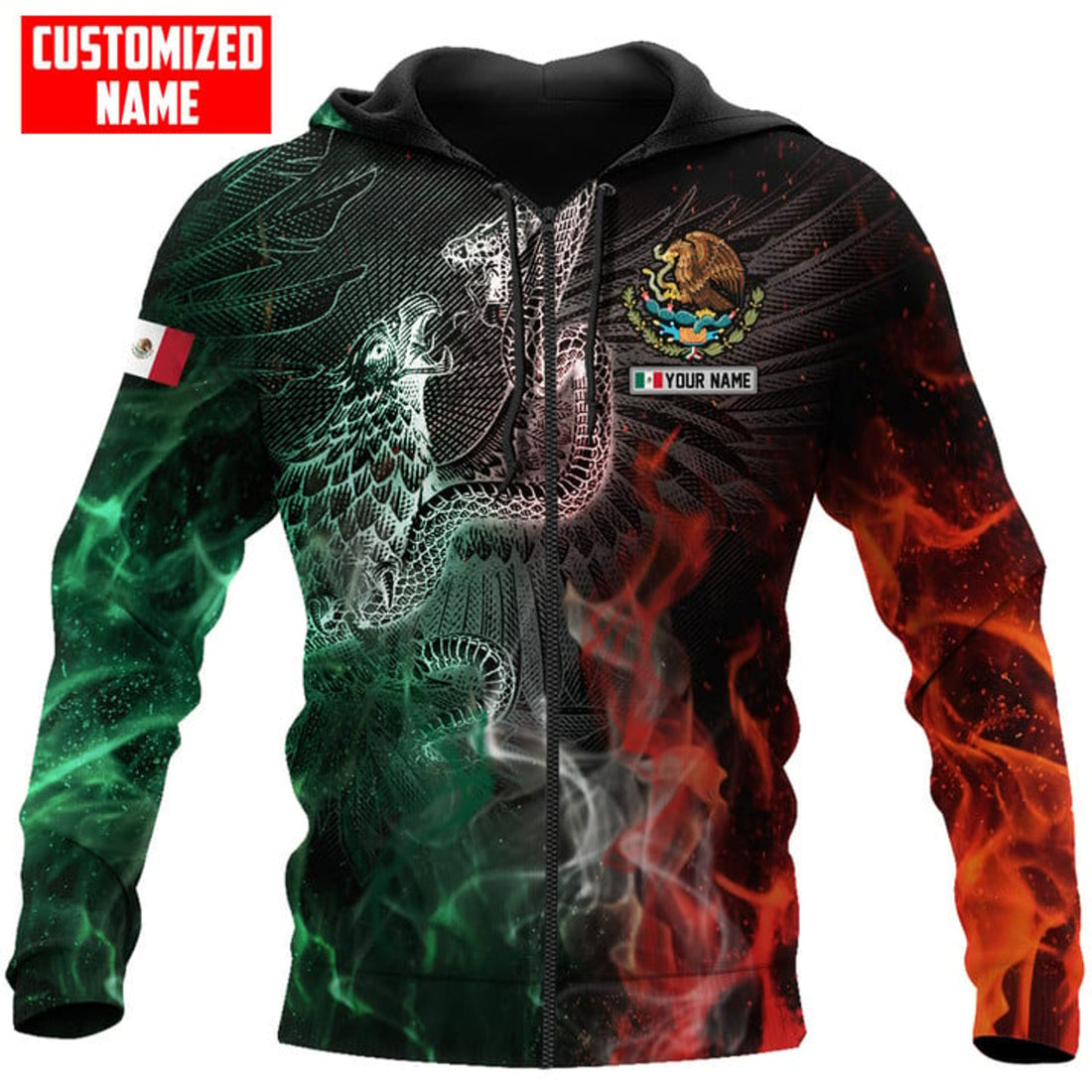 FUNSTUFFPRINT ersonalized Mexico Eagle Fire 3D Hoodie and Zip Hoodie