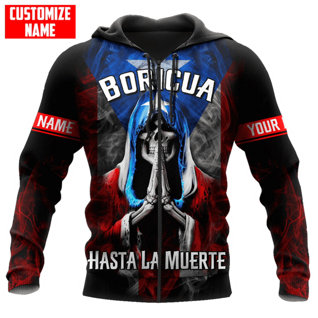 FUNSTUFFPRINT Personalized Peurto Rico Skull Boricua Hasta La Muerte 3D Hoodie and Zip Hoodie