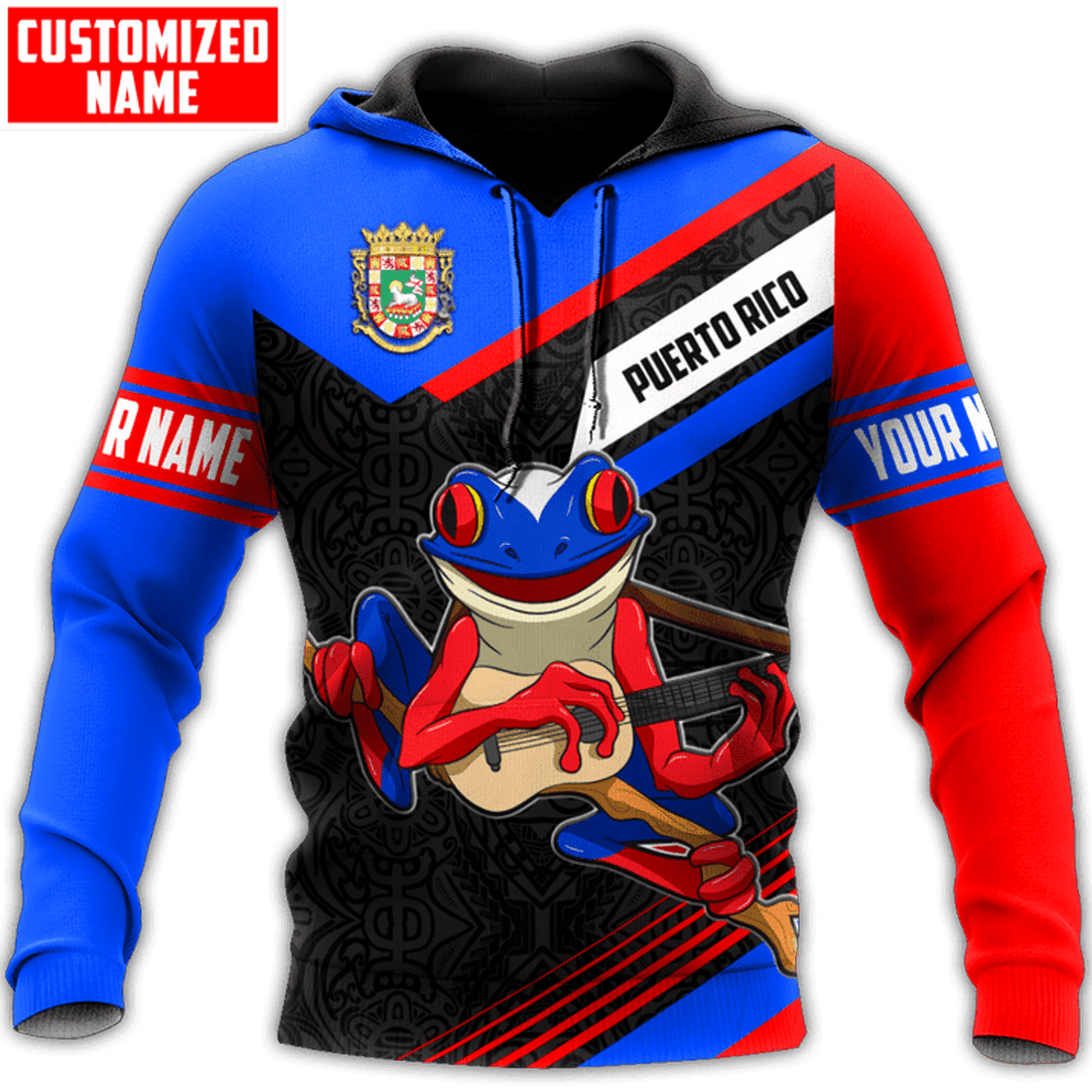 FUNSTUFFPRINT Personalized Puerto Rico Coqui Frog Line 3D Hoodie and Zip Hoodie