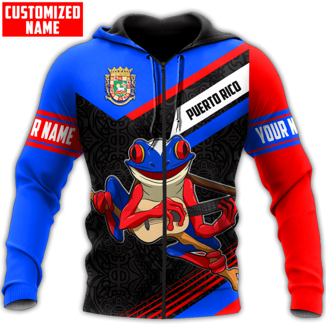 FUNSTUFFPRINT Personalized Puerto Rico Coqui Frog Line 3D Hoodie and Zip Hoodie