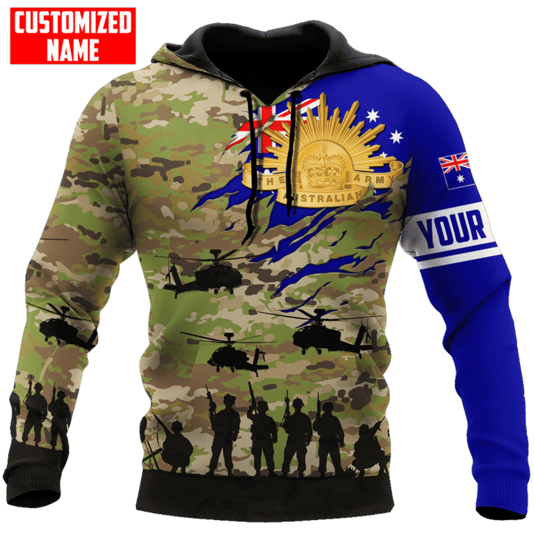 FUNSTUFFPRINT Personalized Australian Army Flag Camo 3D Hoodie and Zip Hoodie