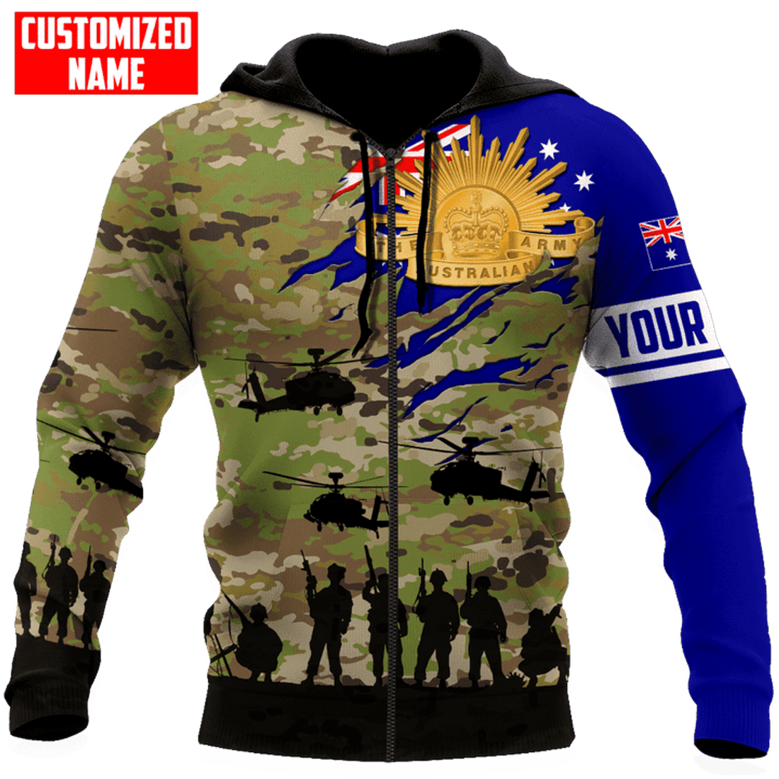 FUNSTUFFPRINT Personalized Australian Army Flag Camo 3D Hoodie and Zip Hoodie
