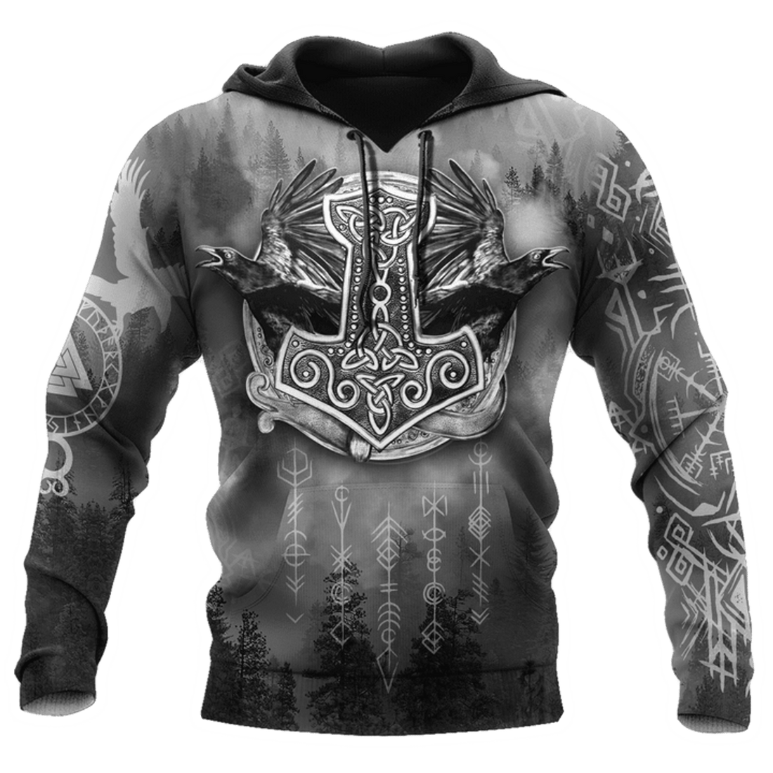 FUNSTUFFPRINT Viking Hammer Mjolnir Raven Forest 3D Hoodie and Zip Hoodie