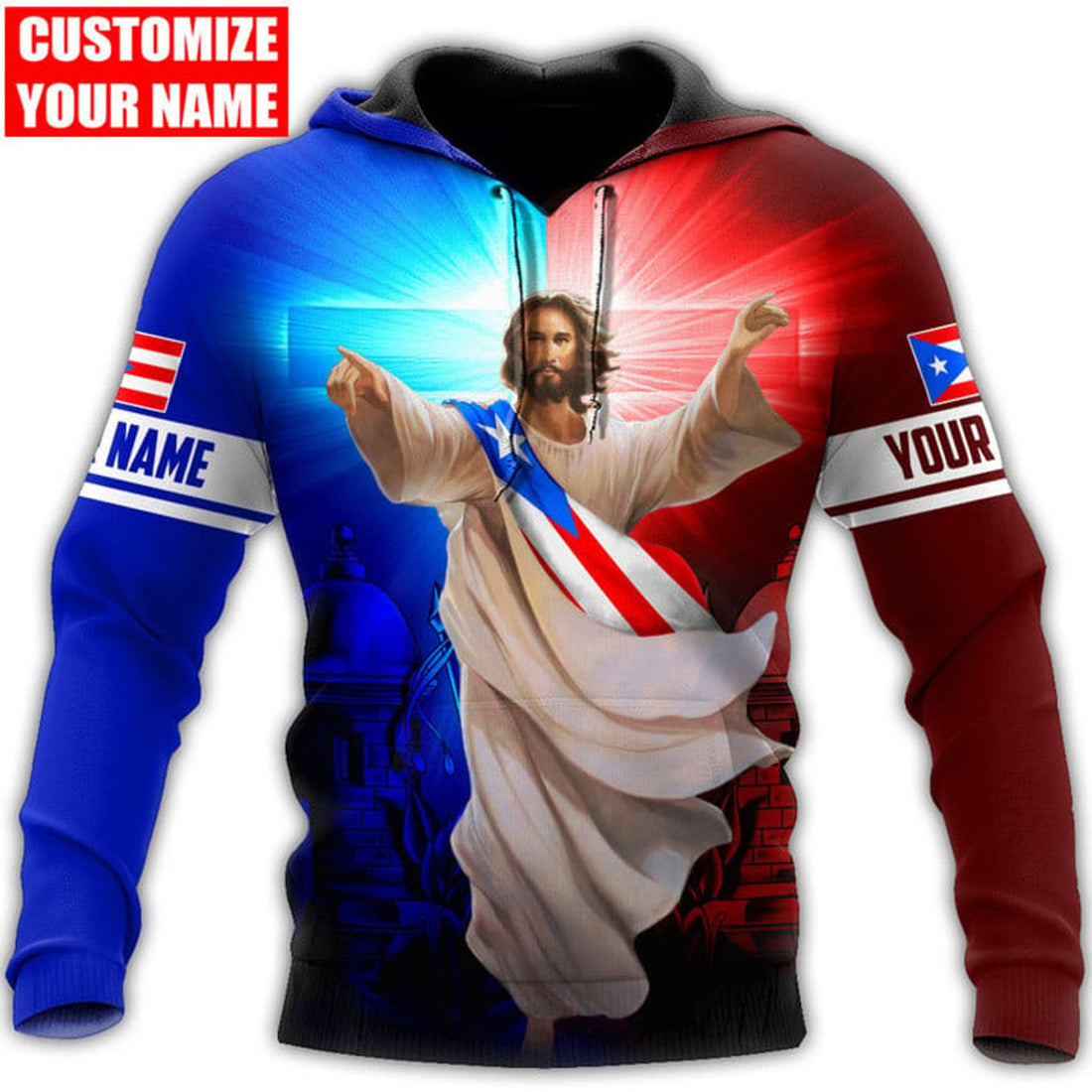 FUNSTUFFPRINT Personalized Puerto Rico Jesus Cross Light 3D Hoodie and Zip Hoodie