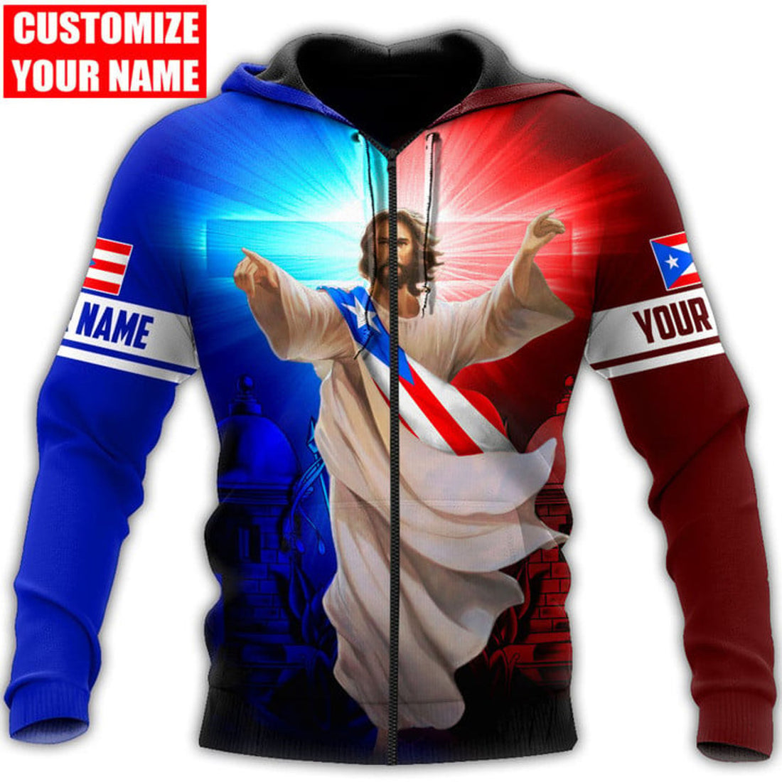 FUNSTUFFPRINT Personalized Puerto Rico Jesus Cross Light 3D Hoodie and Zip Hoodie