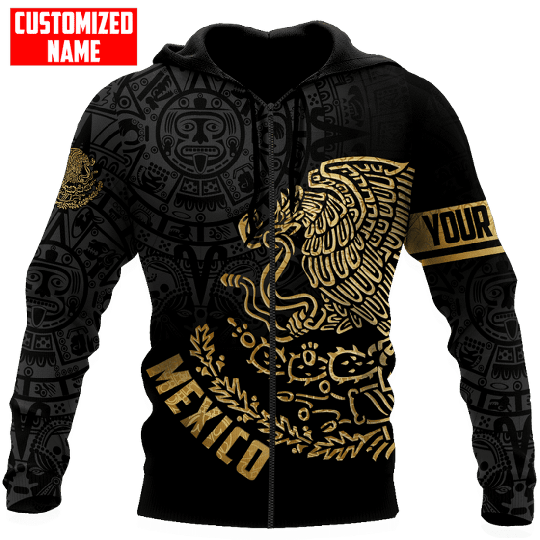 FUNSTUFFPRINT Personalized Mexico Aztec Calendar Gold 3D Hoodie and Zip Hoodie