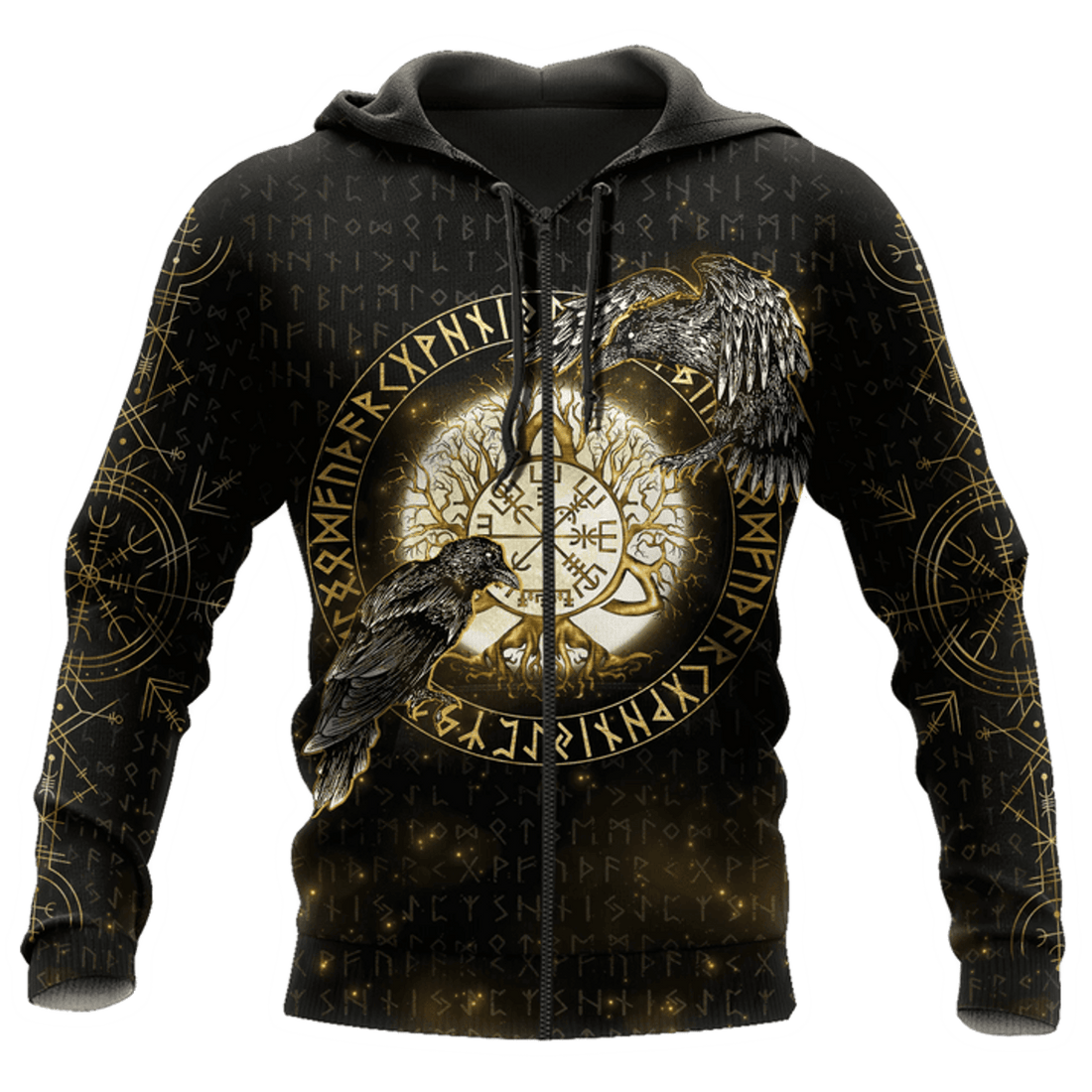 FUNSTUFFPRINT Viking Raven Tree Of Life Moon Gold 3D Hoodie and Zip Hoodie