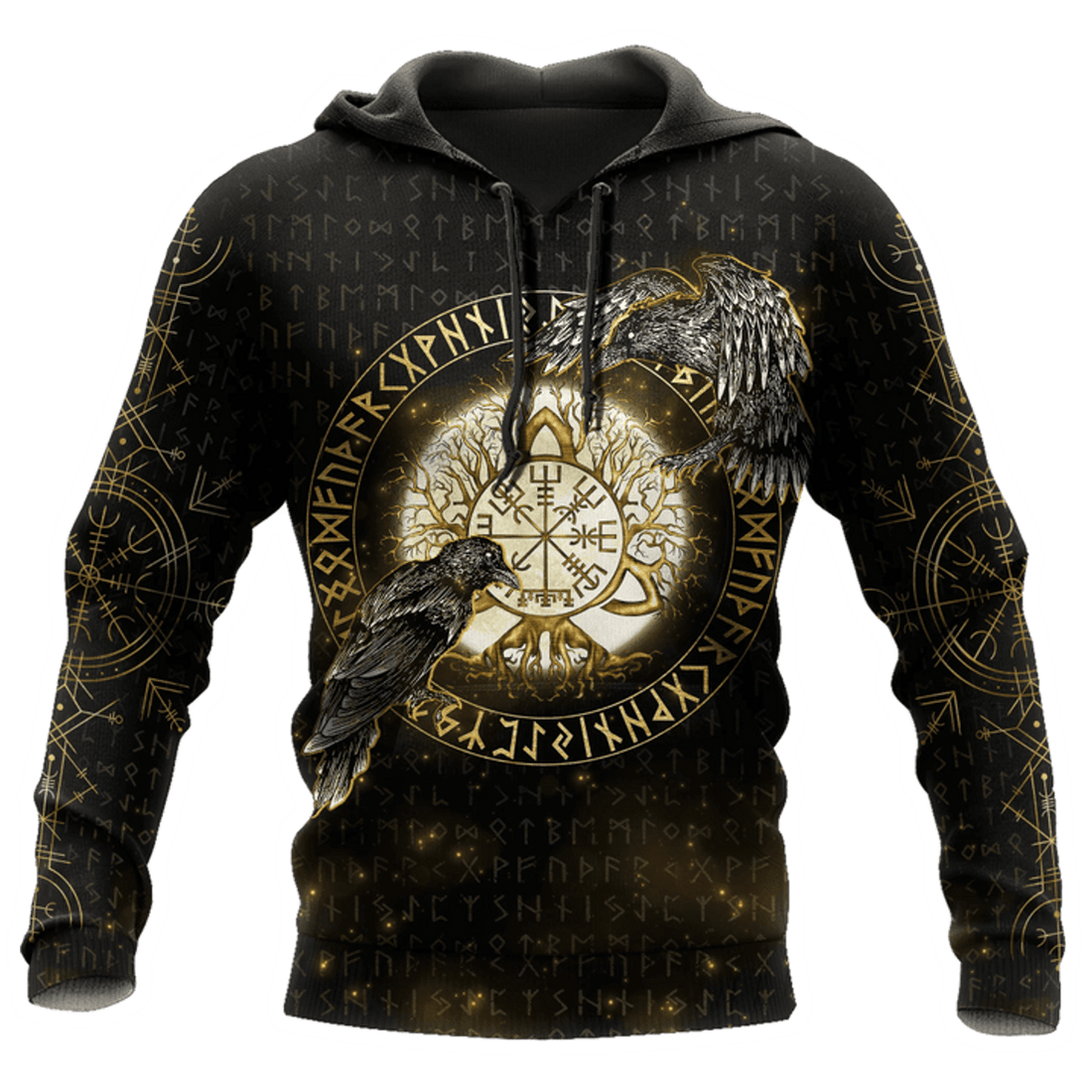 FUNSTUFFPRINT Viking Raven Tree Of Life Moon Gold 3D Hoodie and Zip Hoodie