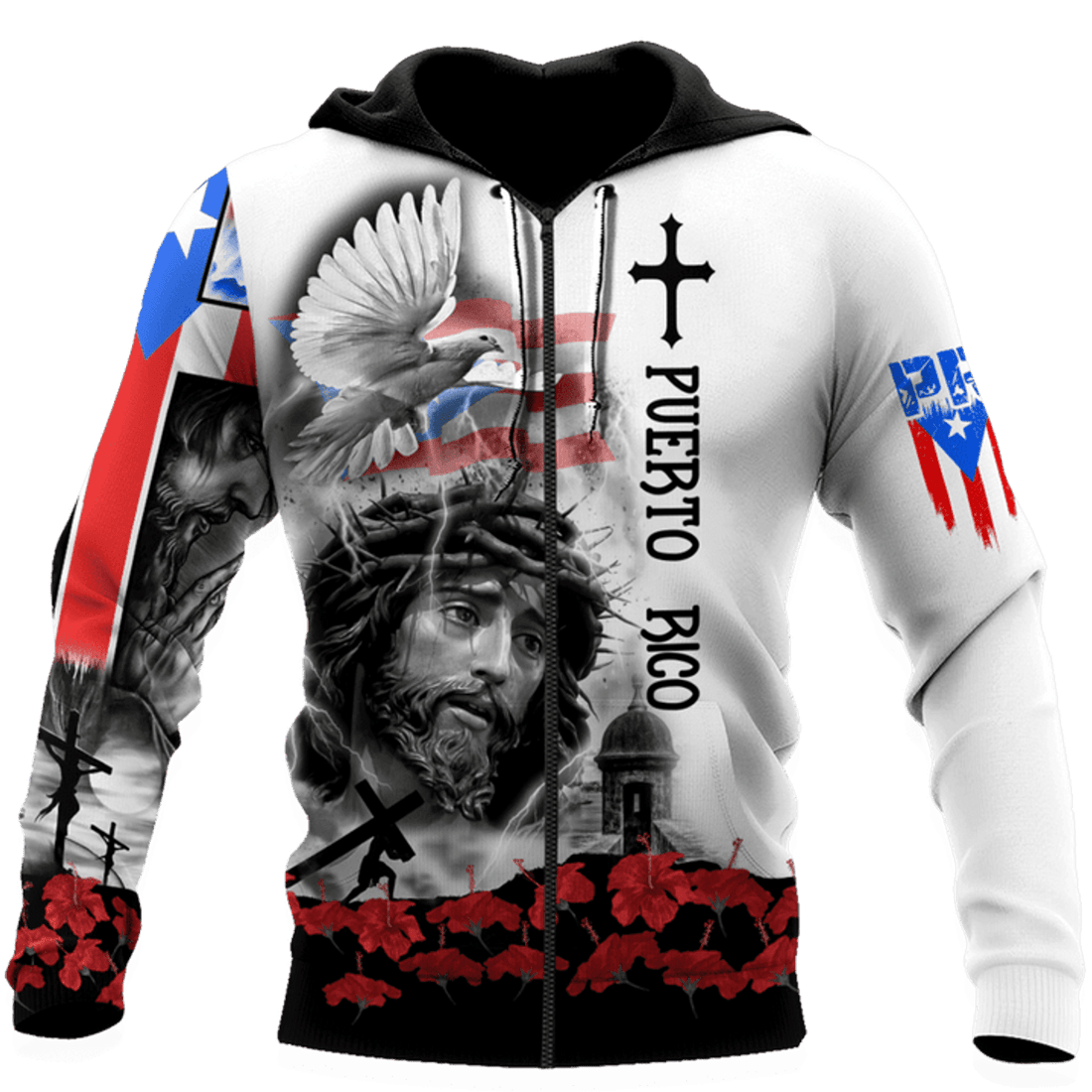FUNSTUFFPRINT Puerto Rico Jesus Dove Cross Maga Flower 3D Hoodie and Zip Hoodie