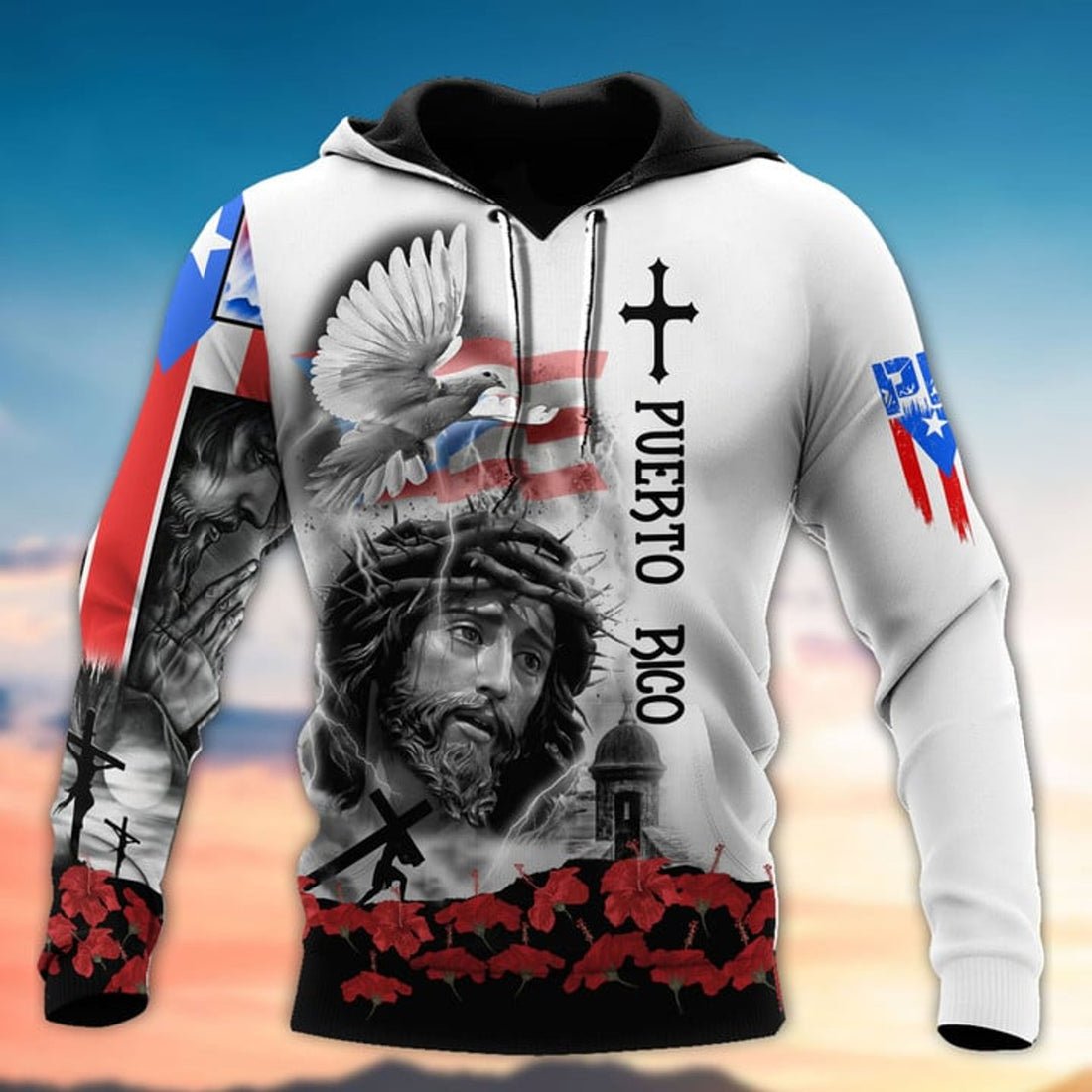 FUNSTUFFPRINT Puerto Rico Jesus Dove Cross Maga Flower 3D Hoodie and Zip Hoodie