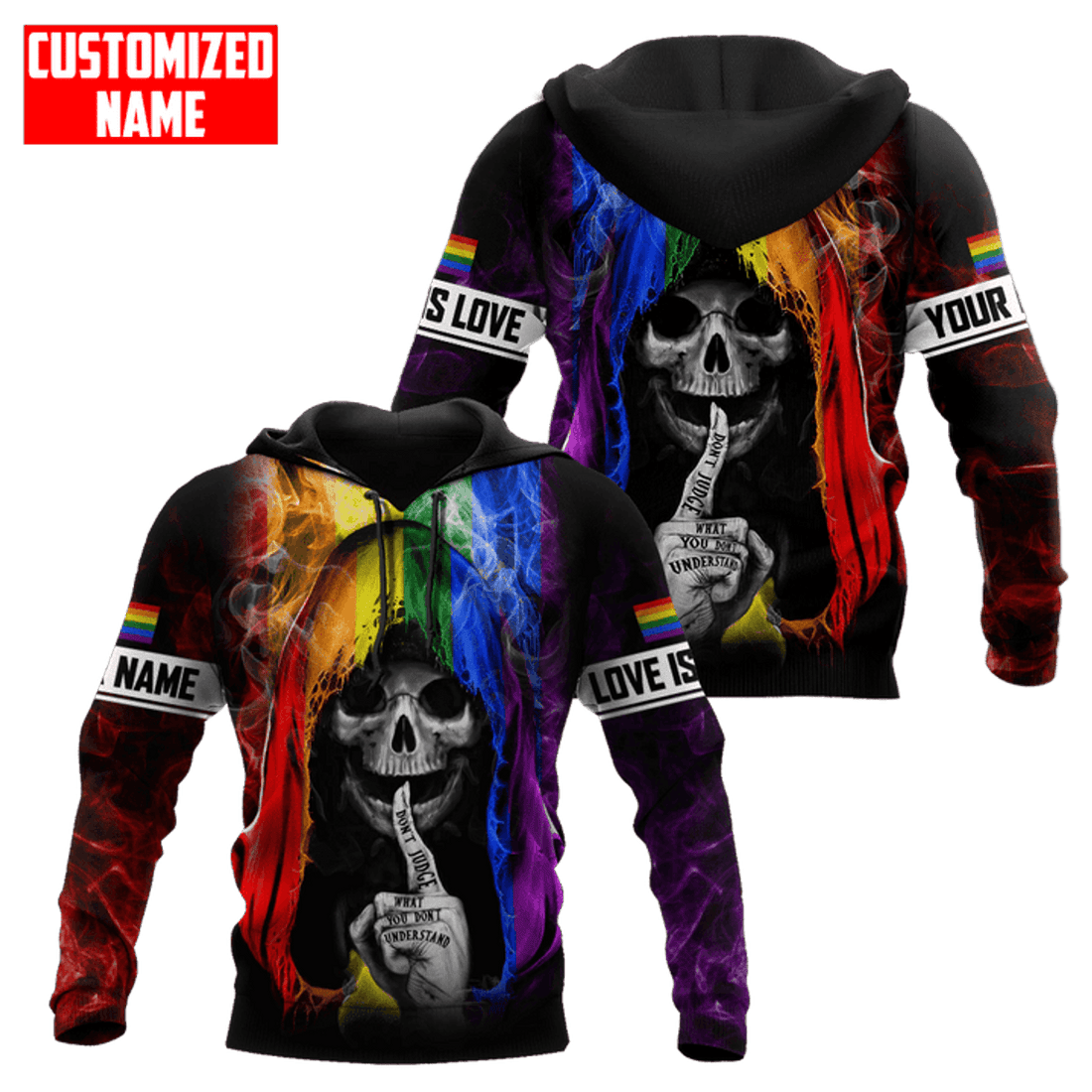 FUNSTUFFPRINT Personalized LGBT Skull Don't Judge What You Don't Understand PRIDE 3D Hoodie and Zip Hoodie
