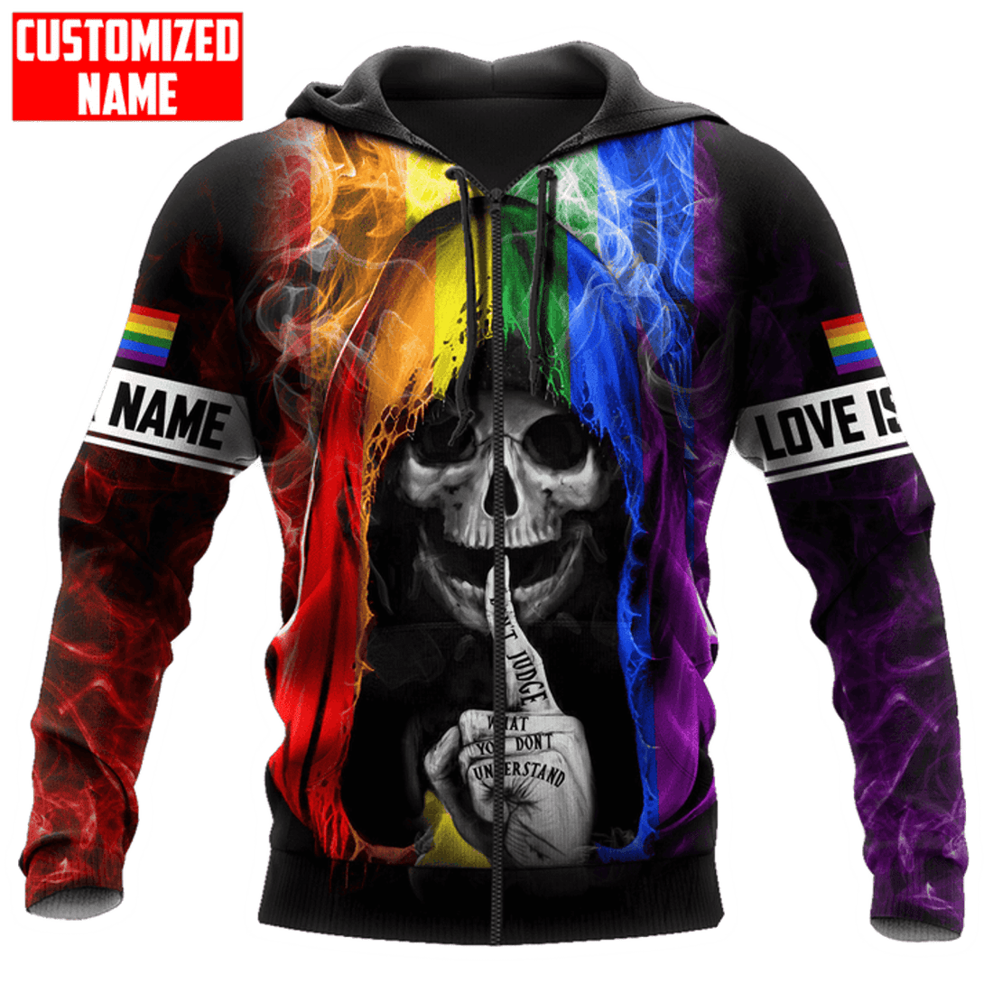 FUNSTUFFPRINT Personalized LGBT Skull Don't Judge What You Don't Understand PRIDE 3D Hoodie and Zip Hoodie