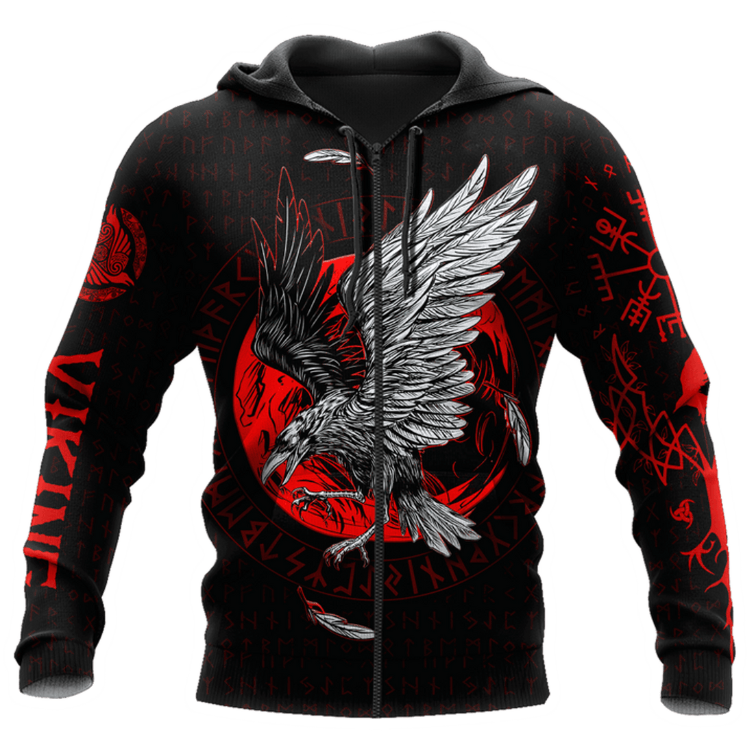 FUNSTUFFPRINT Viking Raven Red Moon Circle 3D Hoodie and Zip Hoodie