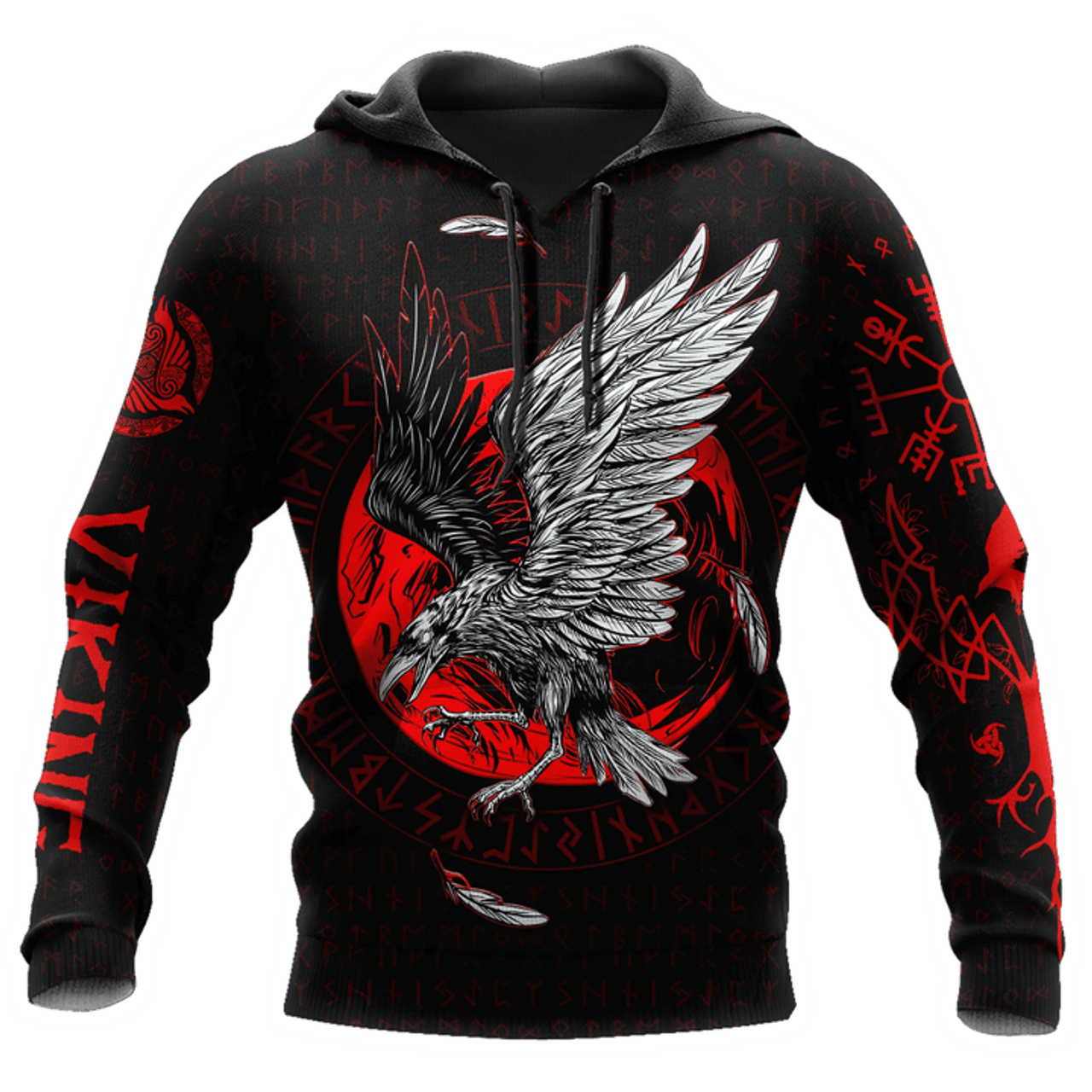 FUNSTUFFPRINT Viking Raven Red Moon Circle 3D Hoodie and Zip Hoodie