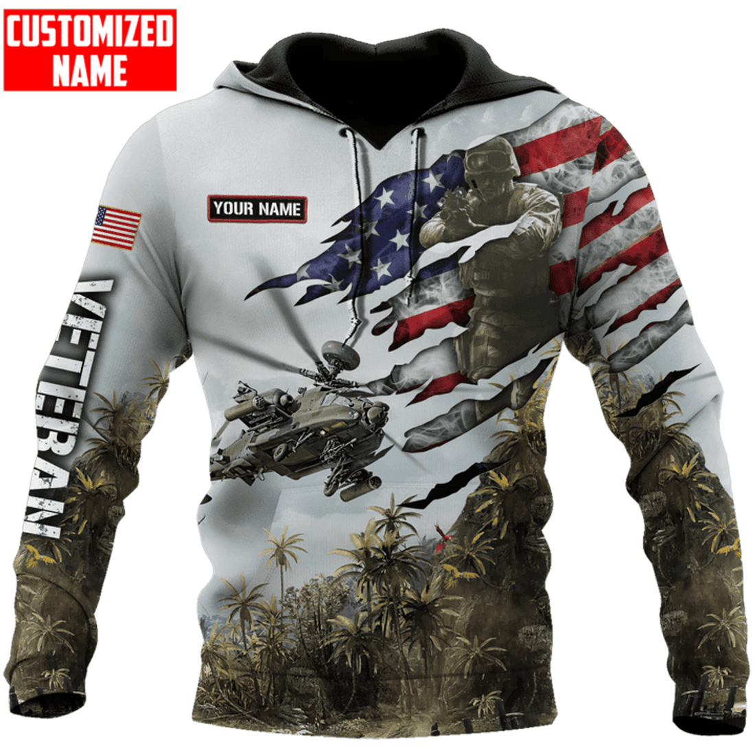 FUNSTUFFPRINT Customized Name Helicopter and Veteran All Over Printed Unisex 3D Hoodie and Zip Hoodie