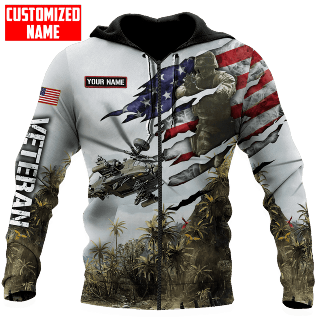 FUNSTUFFPRINT Customized Name Helicopter and Veteran All Over Printed Unisex 3D Hoodie and Zip Hoodie