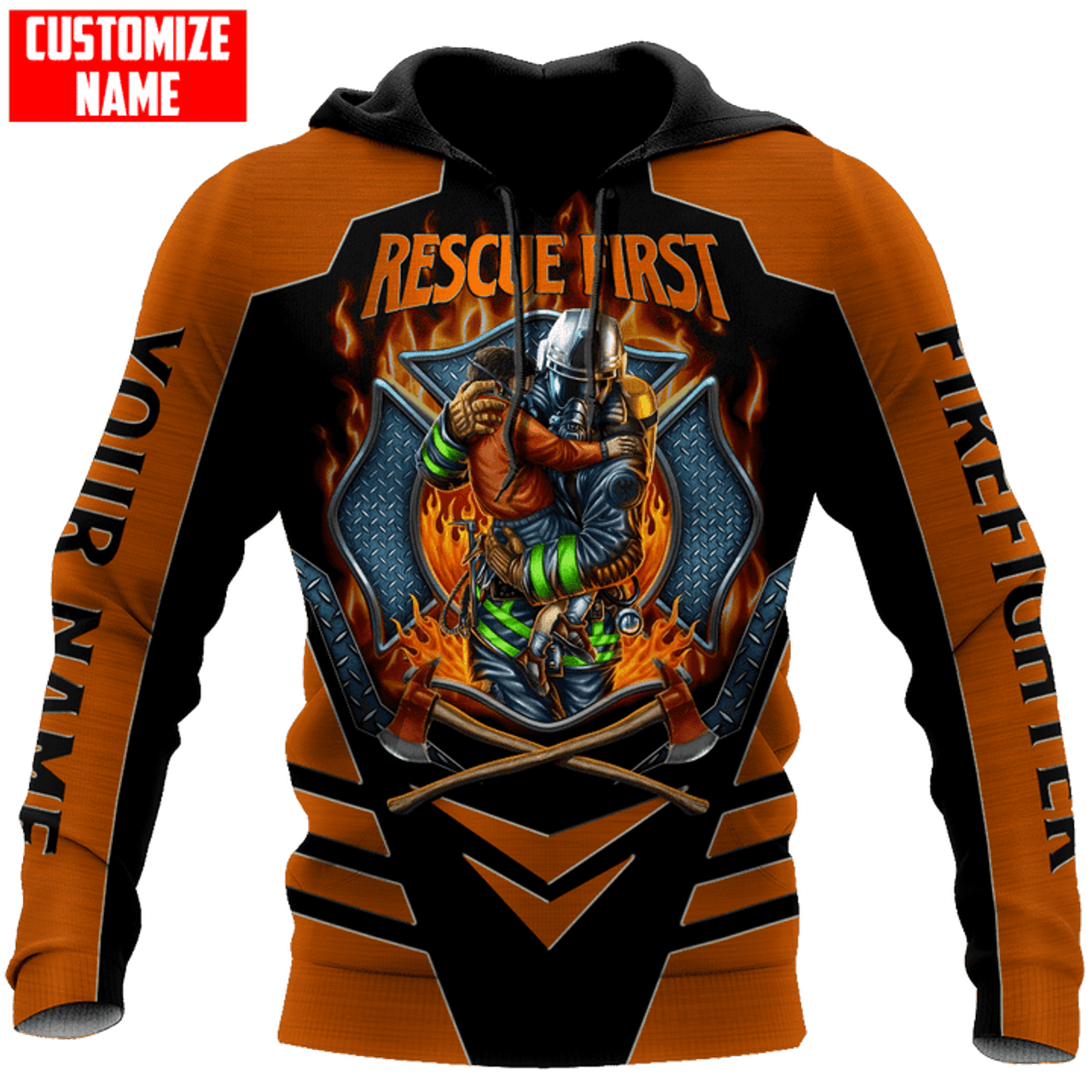 FUNSTUFFPRINT Customized Name Firefighter Rescue All D Over Printed Unisex 3D Hoodie and Zip Hoodie