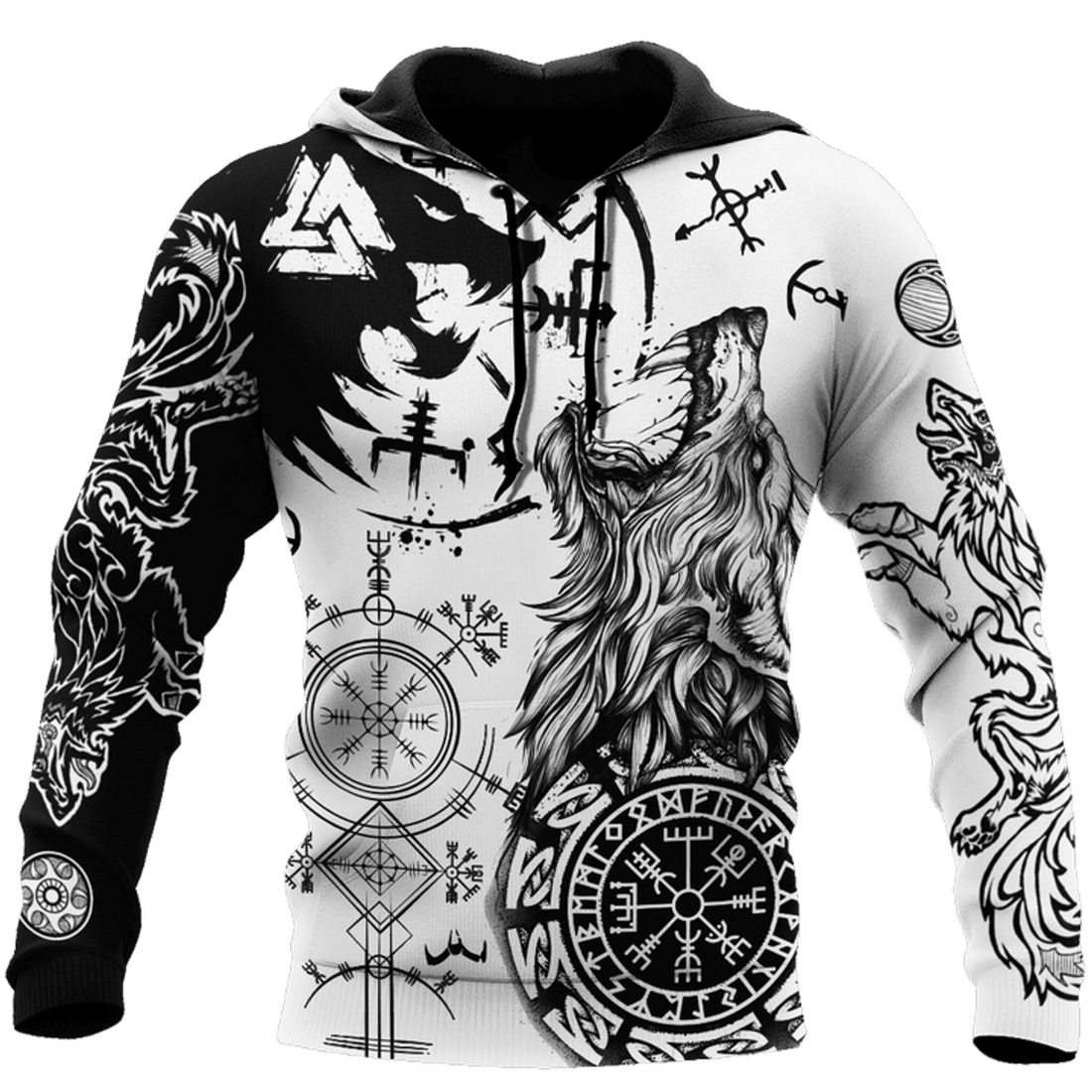 FUNSTUFFPRINT Viking Wolf Tattoo Valknut Vegvisir Black White D All Over 3D Hoodie and Zip Hoodie