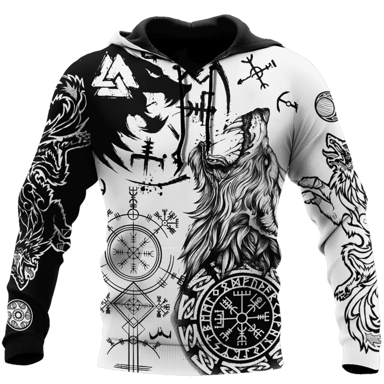 FUNSTUFFPRINT Viking Wolf Tattoo Valknut Vegvisir Black White D All Over 3D Hoodie and Zip Hoodie