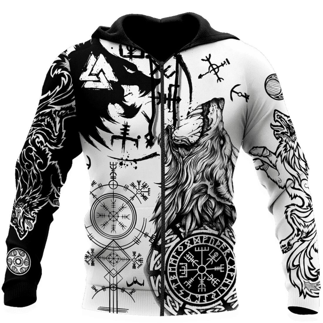 FUNSTUFFPRINT Viking Wolf Tattoo Valknut Vegvisir Black White D All Over 3D Hoodie and Zip Hoodie