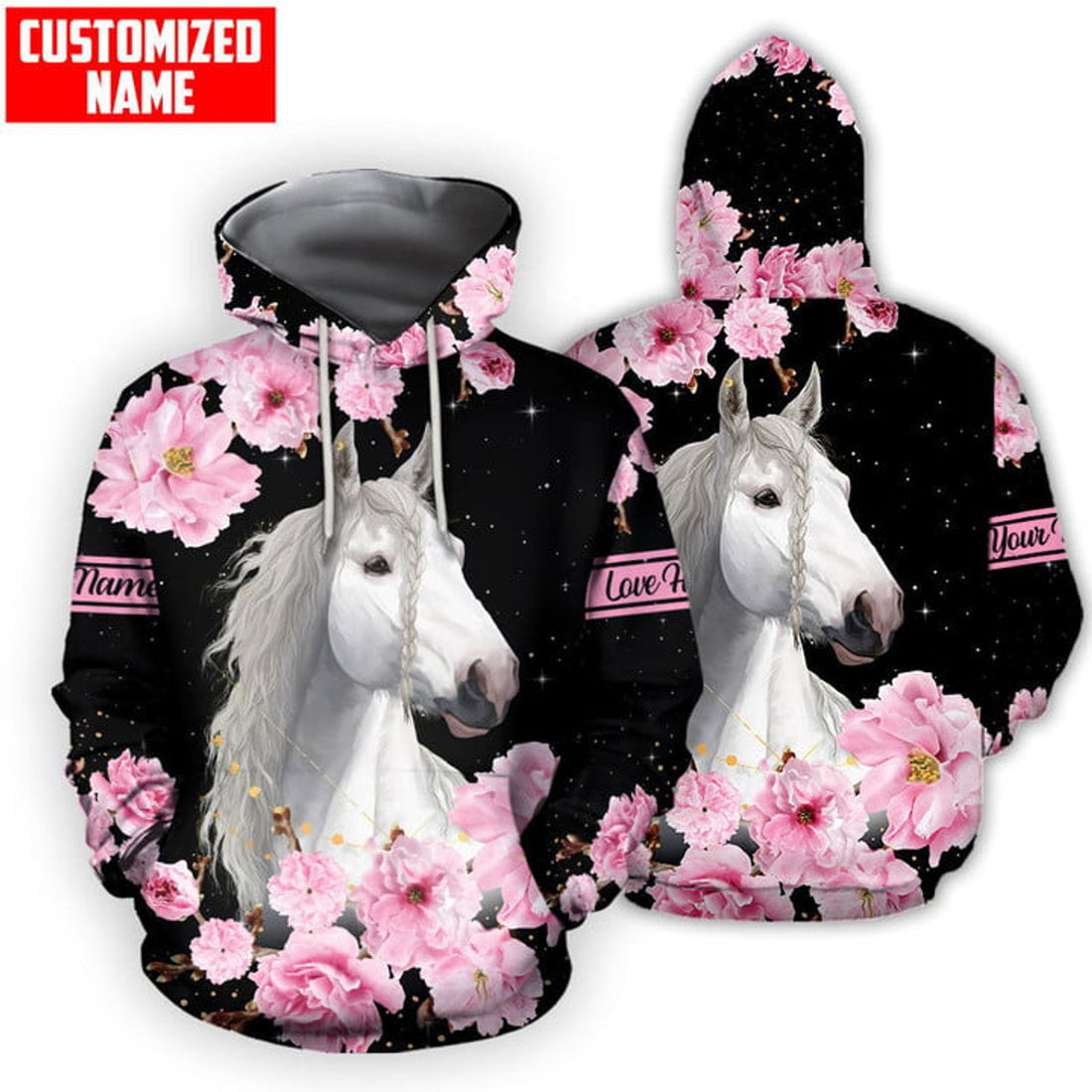 FUNSTUFFPRINT Personalized White Horse With Flower All Over Printed 3D Hoodie and Zip Hoodie