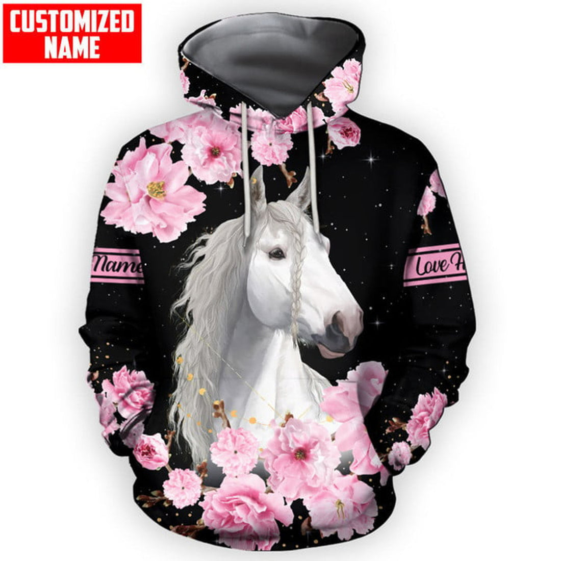 FUNSTUFFPRINT Personalized White Horse With Flower All Over Printed 3D Hoodie and Zip Hoodie