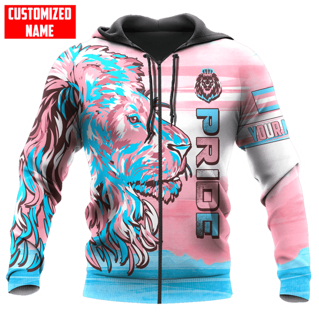 FUNSTUFFPRINT Personalized LGBT Lion PRIDE Transgender Color 3D Unisex 3D Hoodie and Zip Hoodie