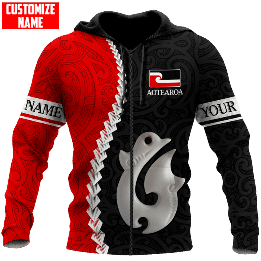 FUNSTUFFPRINT- Personalized New Zealand Aotearoa Fishing Hook Manaia 3D Hoodie and Zip Hoodie