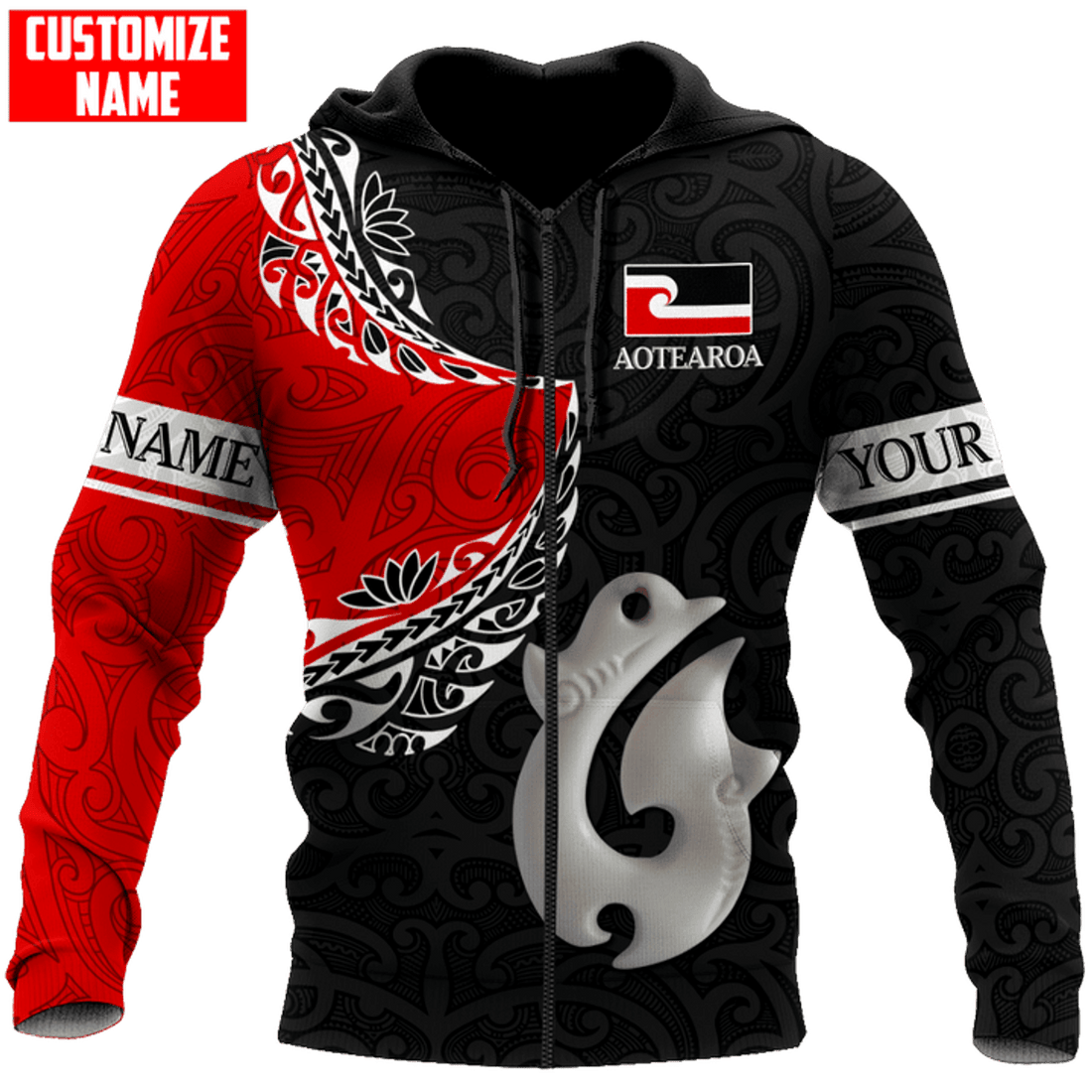 FUNSTUFFPRINT Personalized New Zealand Aotearoa Fishing Hook Manaia 3D Hoodie and Zip Hoodie