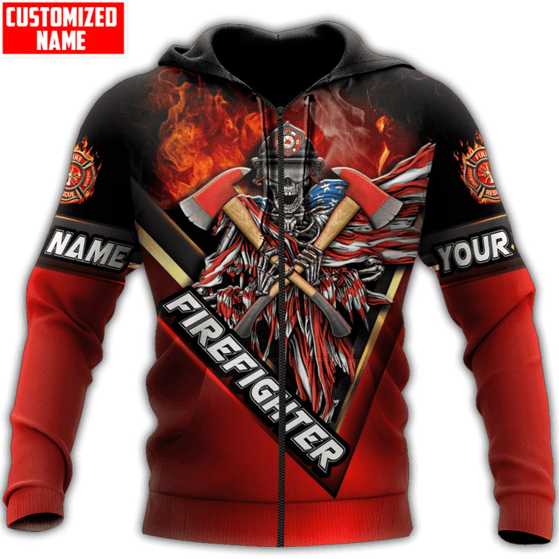 FUNSTUFFPRINT Personalized Name Skull Firefighter D Over Printed 3D Hoodie and Zip Hoodie