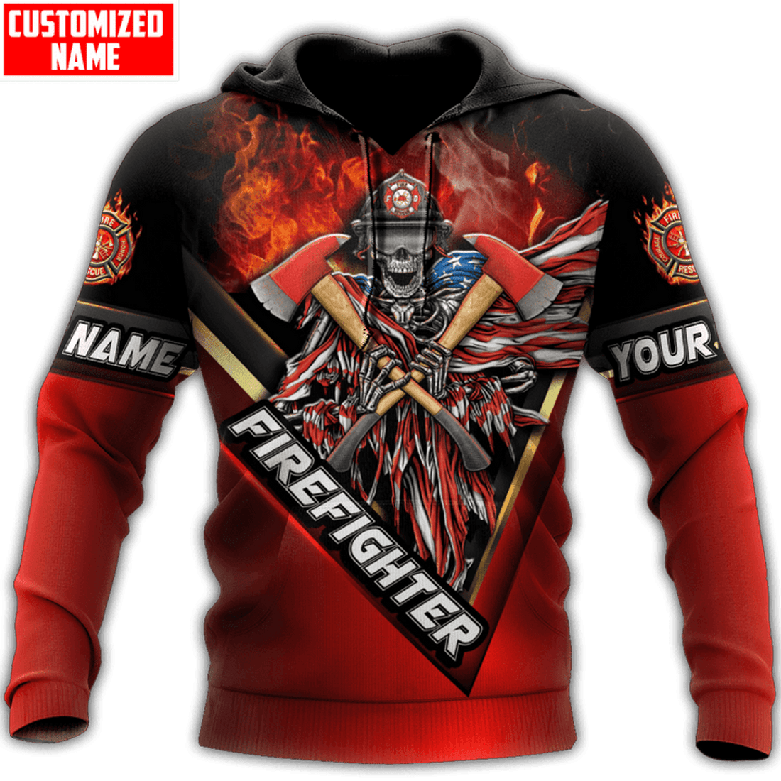 FUNSTUFFPRINT Personalized Name Skull Firefighter D Over Printed 3D Hoodie and Zip Hoodie
