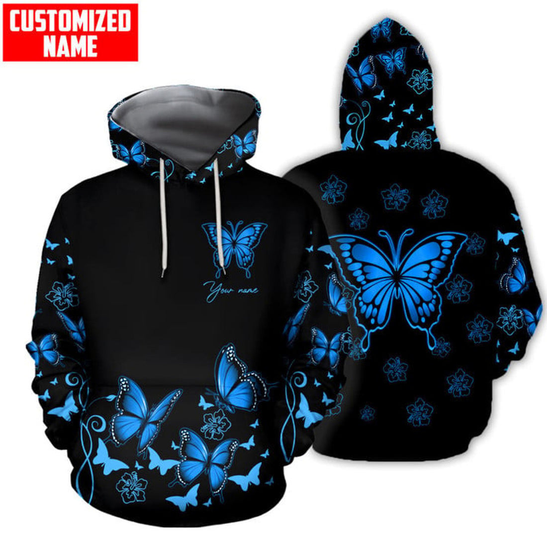 FUNSTUFFPRINT Customized Name Butterfly All Over Printed 3D Hoodie and Zip Hoodie