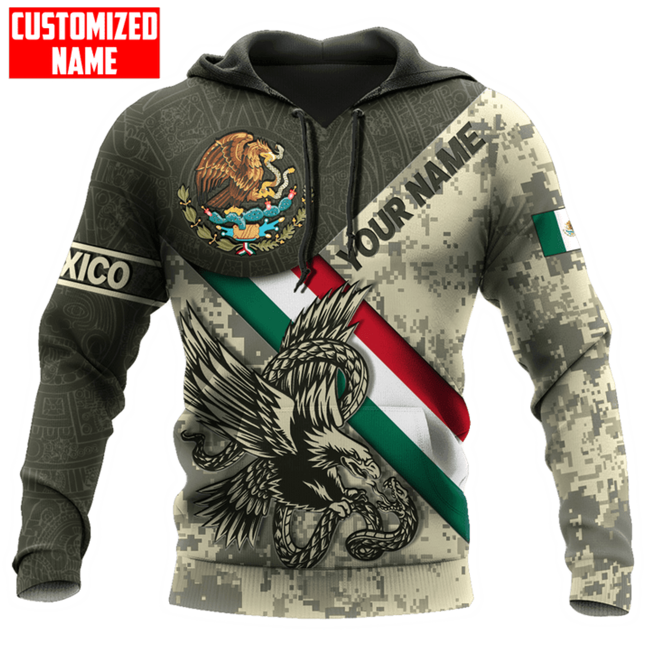 FUNSTUFFPRINT Personalized Mexico Eagle Camoflauge Flag Printed 3D Hoodie and Zip Hoodie