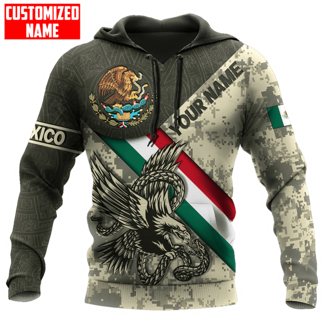 FUNSTUFFPRINT Personalized Mexico Eagle Camoflauge Flag Printed 3D Hoodie and Zip Hoodie