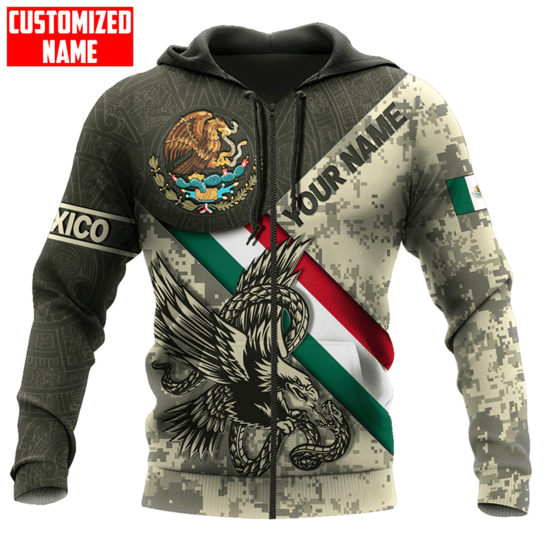 FUNSTUFFPRINT Personalized Mexico Eagle Camoflauge Flag Printed 3D Hoodie and Zip Hoodie