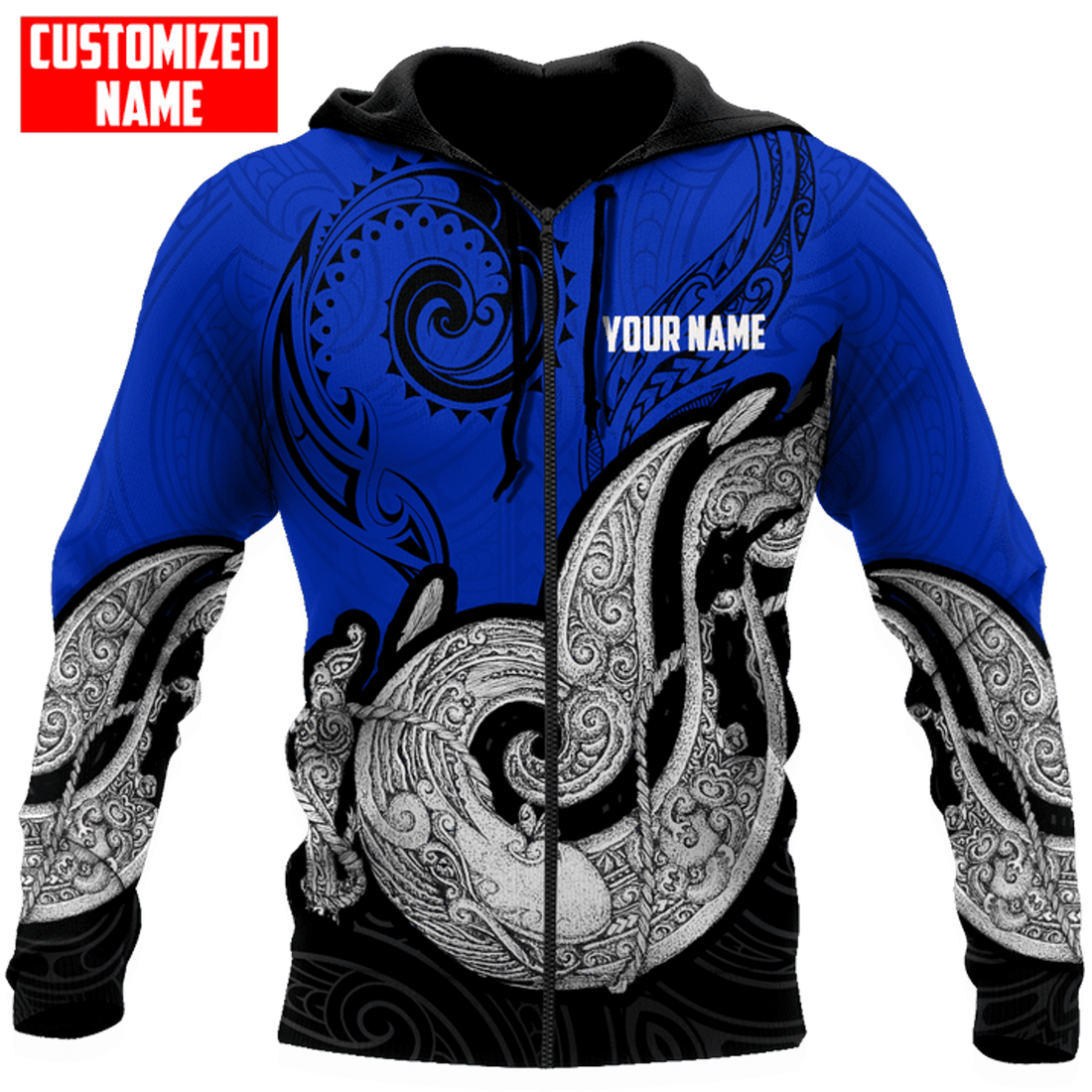 FUNSTUFFPRINT Personalized New Zealand Aotearoa Fish Hook Blue 3D Hoodie and Zip Hoodie