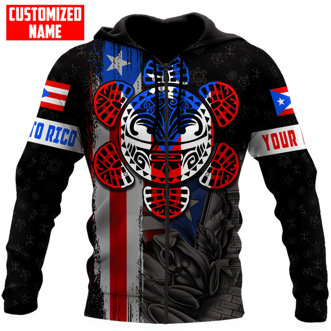 FUNSTUFFPRINT Personalized Puerto Rico Sun Taino Tattoo Flag Unisex 3D Hoodie and Zip Hoodie