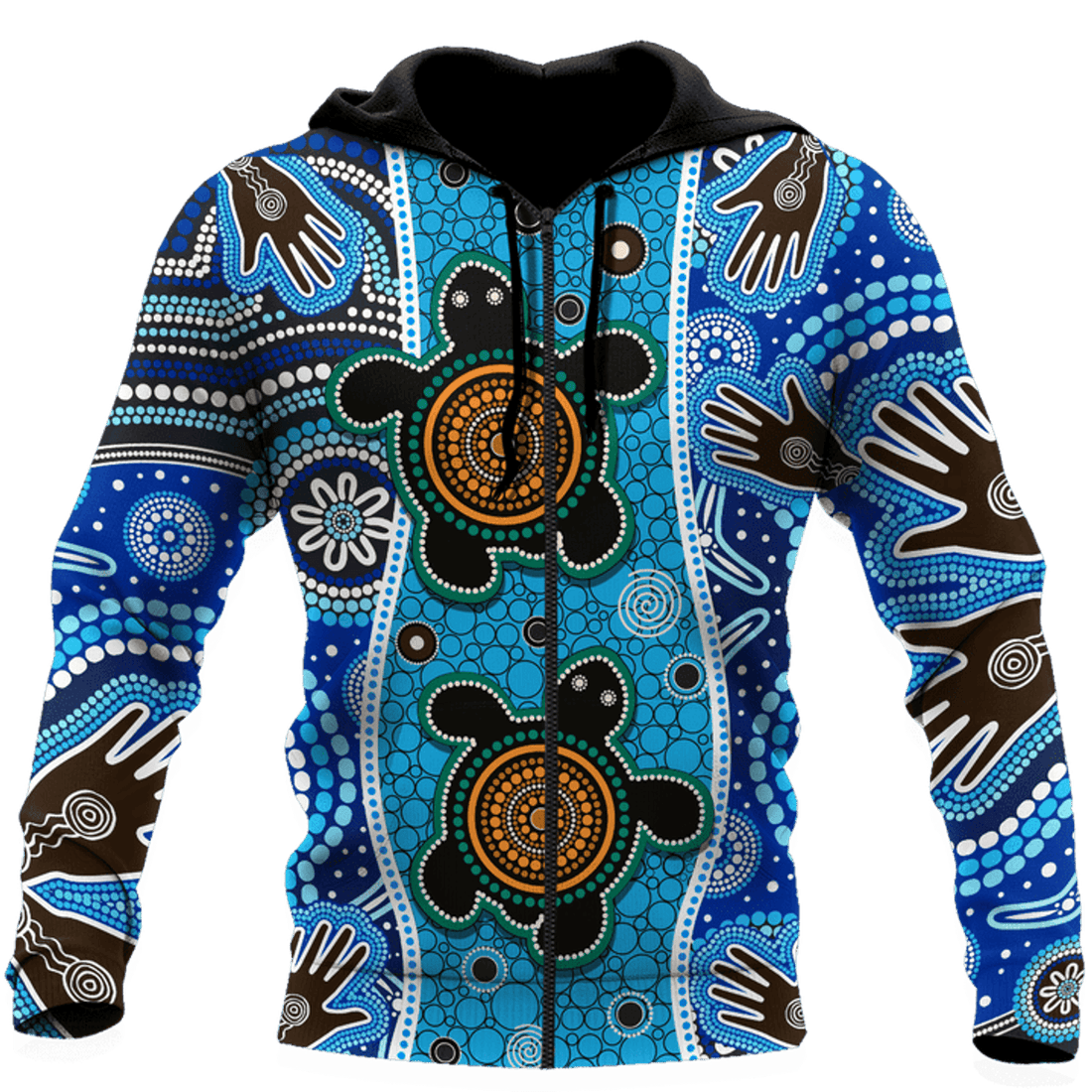FUNSTUFFPRINT Aboriginal Indigenous Turtle Blue Hand Dot Naidoc Week Unisex 3D Hoodie and Zip Hoodie