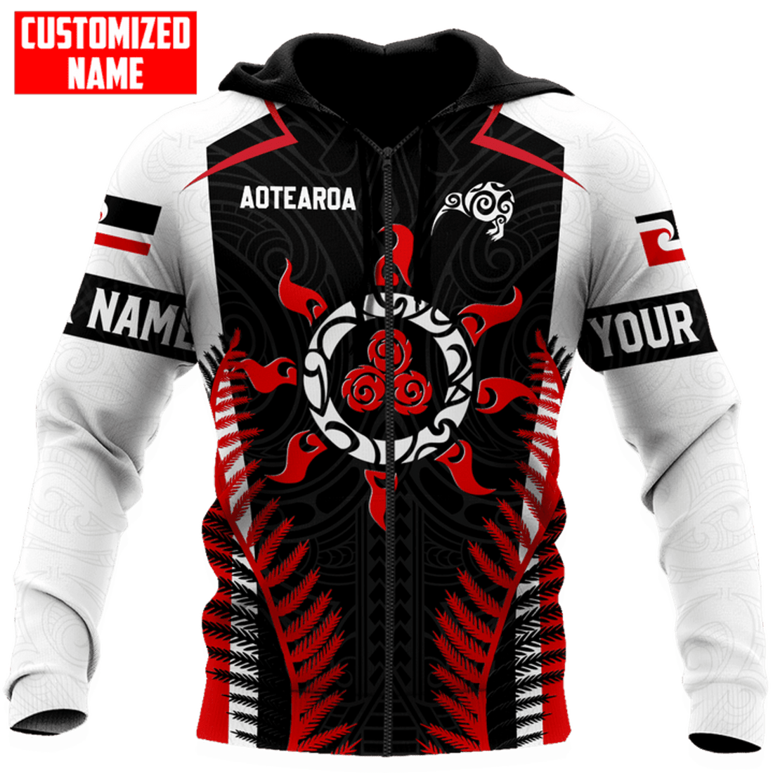 FUNSTUFFPRINT Personalized New Zealand Aotearoa Maori Sun Tattoo Fern Unisex 3D Hoodie and Zip Hoodie